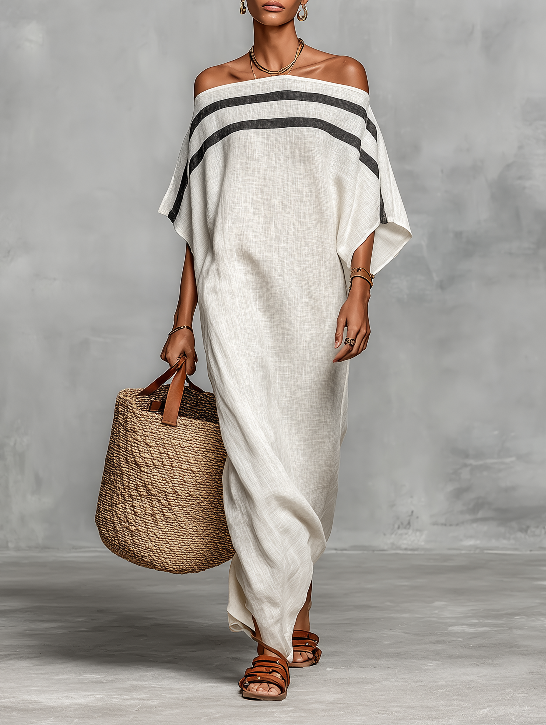 Minimalistescht Maxi-Kleed aus Leinen-Mëschung mat off-Shoulder-Fledermausärmeln