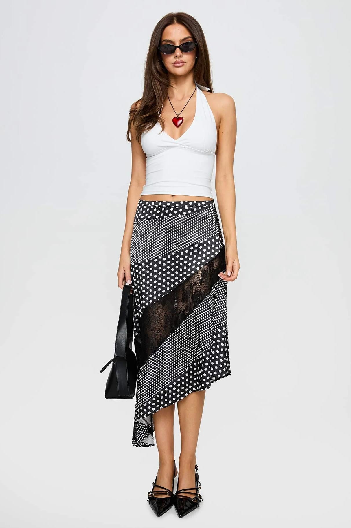 Polka-Dot Lace Asymmetrical Midi Skirt