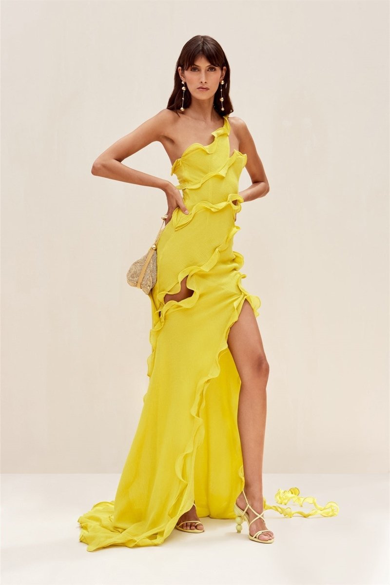 dresses - Gloria One Shoulder Ruffle Maxi Chiffon Dress - SD00708153385 - Yellow - S - Sunfere