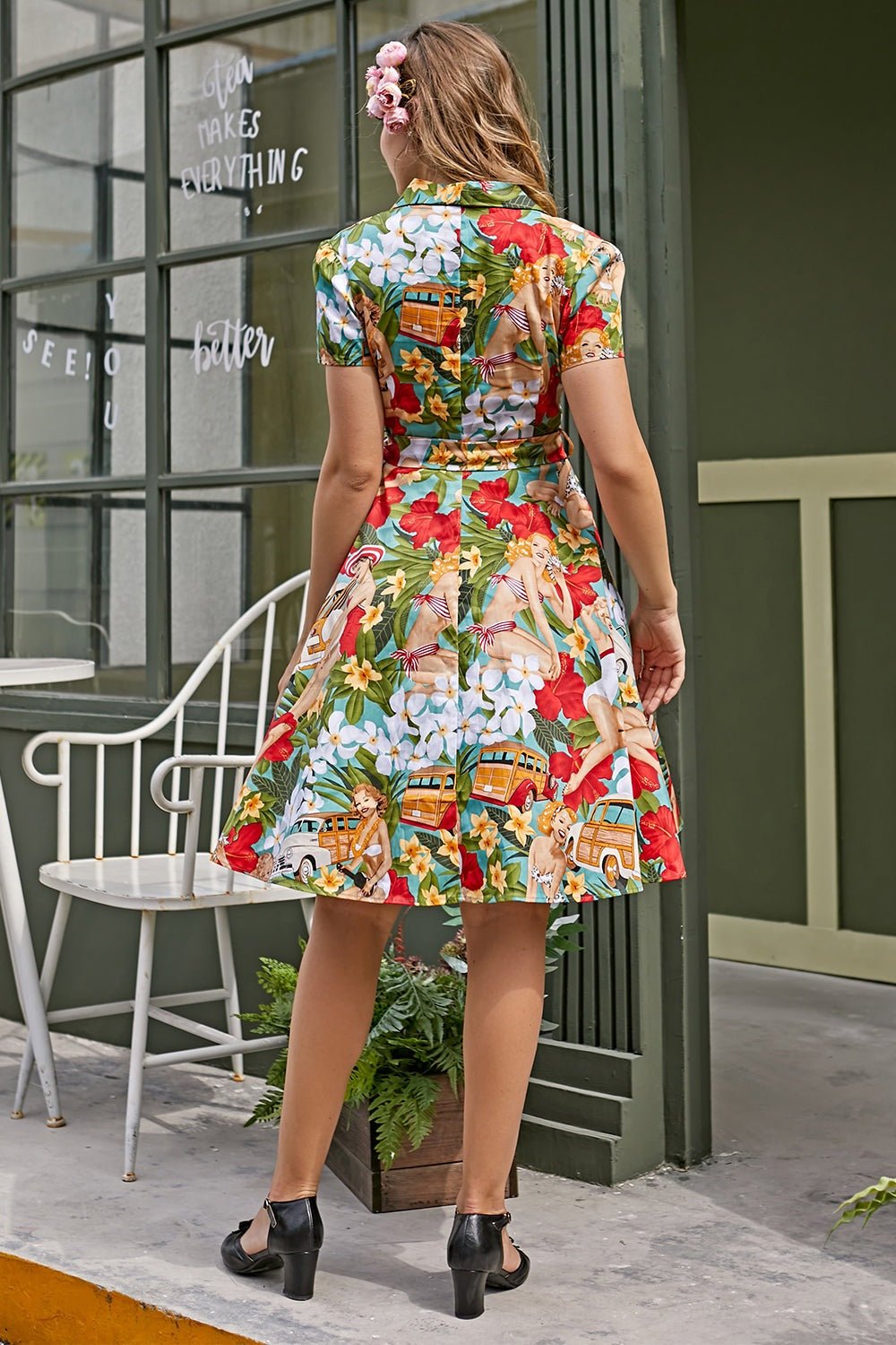 Vestido Midi Helma Retro Estampado em Algodão com Cinto Camisa