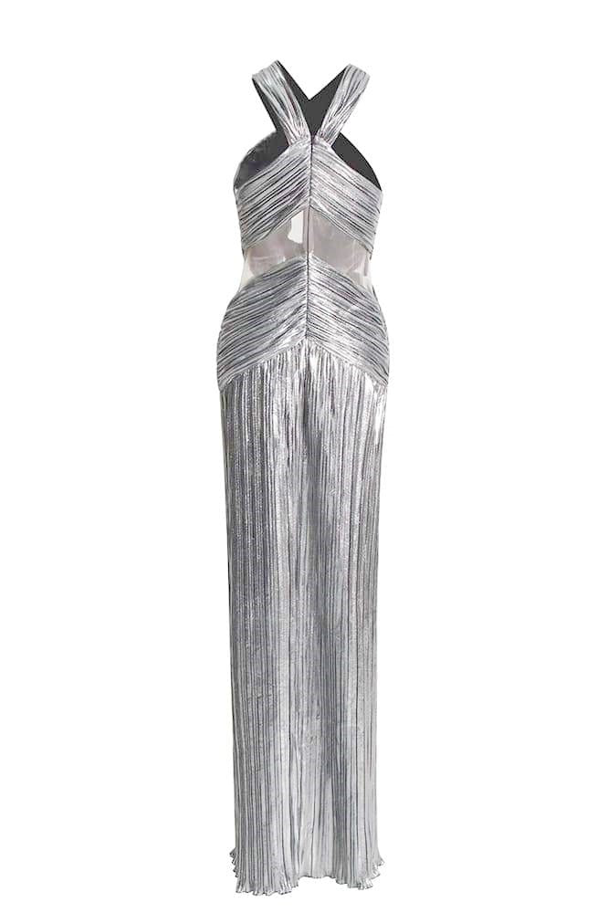 Heloise Metallic Kräiz Halter Neck Maxi Kleed