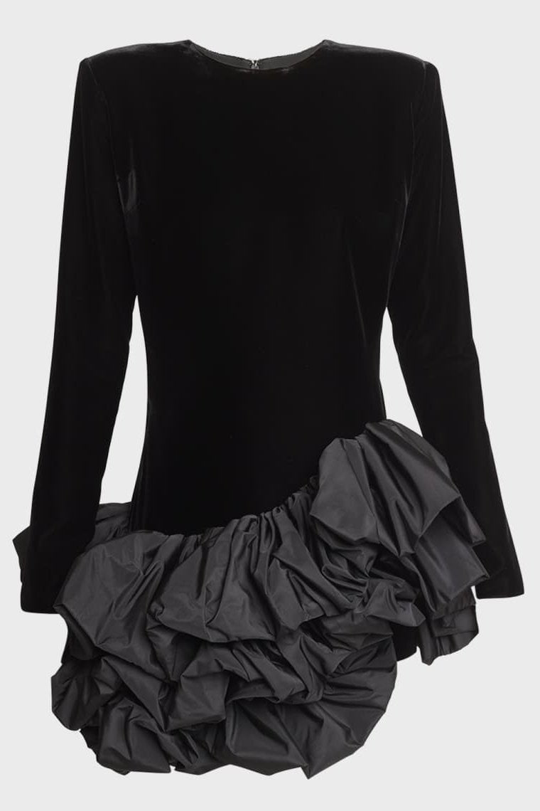 Hermosa Ruffle Asymmetrisk Fåll Mini Velvet Dress