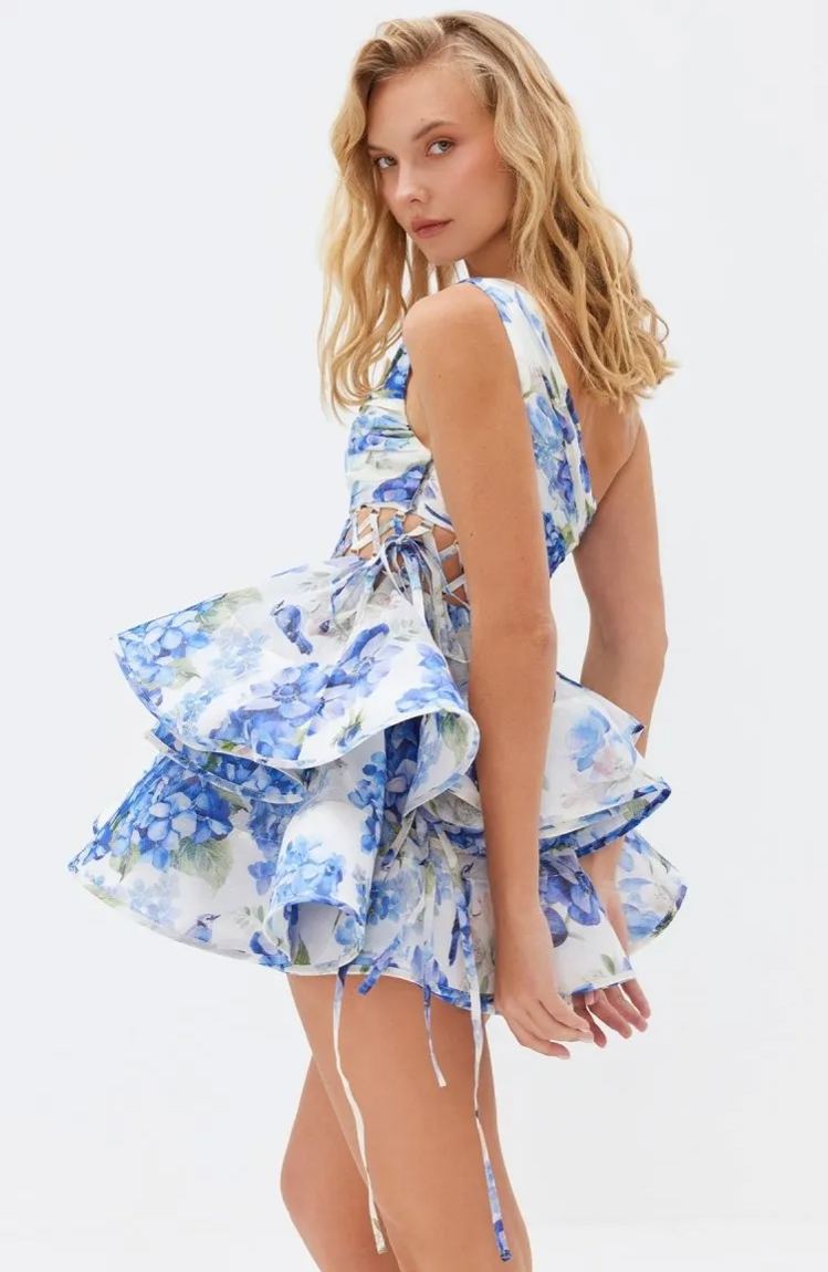 dresses - Andrea Floral Printed One - shoulder Mini Chiffon Dress - SD00708193389 - Blue - S - Sunfere