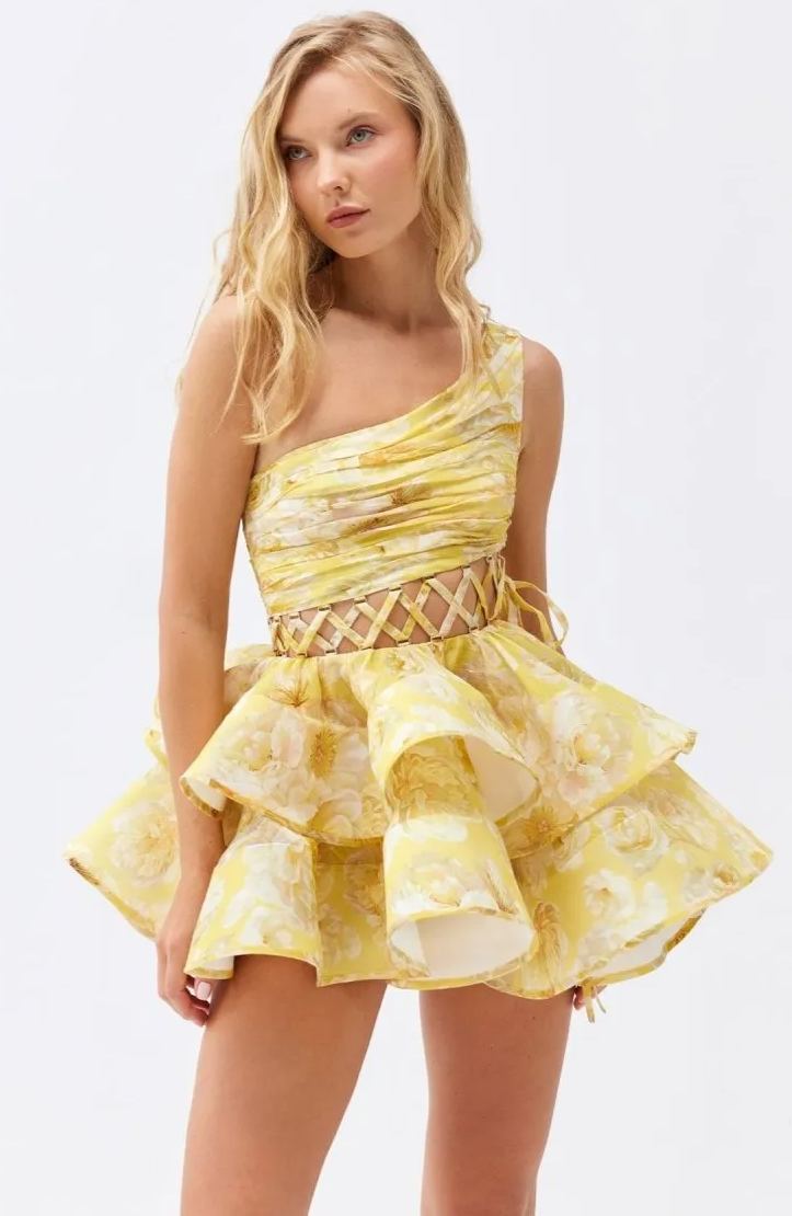 dresses - Andrea Floral Printed One - shoulder Mini Chiffon Dress - SD00708193389 - Yellow - S - Sunfere