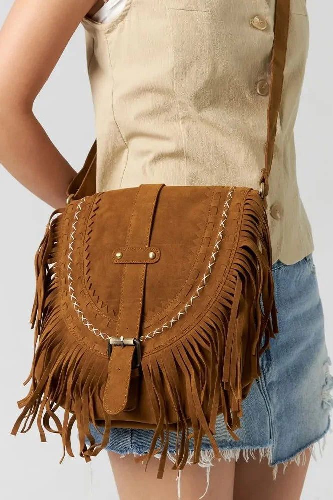 Borsa a tracolla con frange in stile cowboy western marrone