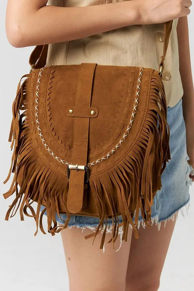 Brun Western Cowboy Style Fringe Crossbody taske