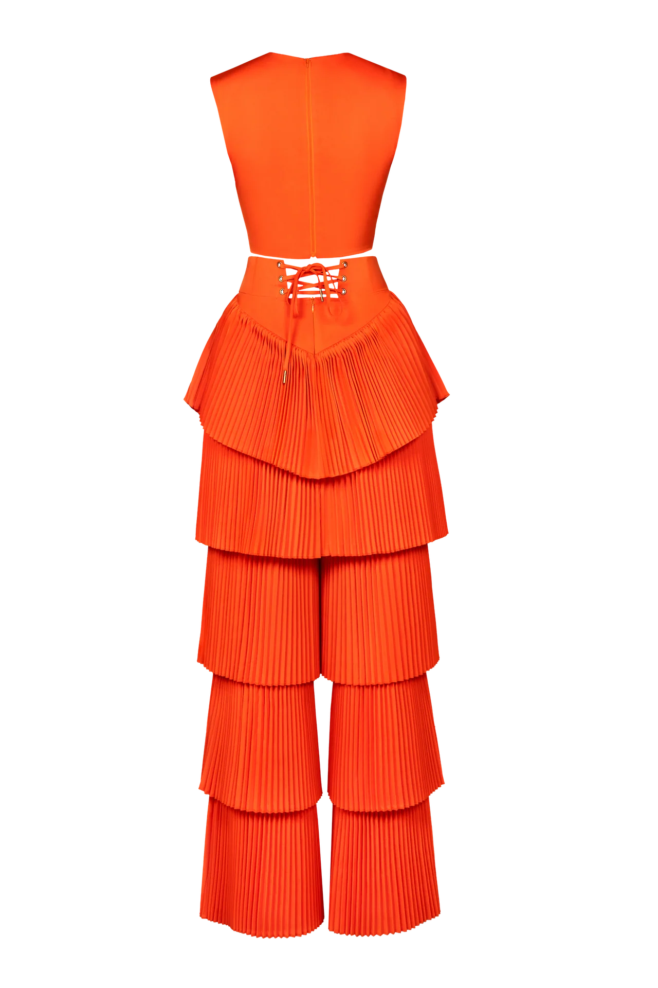 Vibrant Orange Pleated Crop & Tiered Flare Set