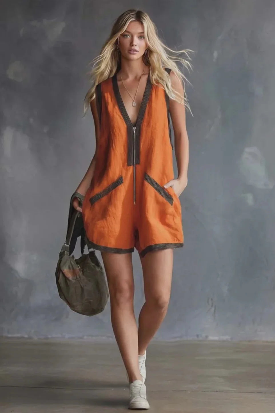 Knallorange kuerze Jumpsuit – Romper mat V-Ausschnëtt a gestreifter Bordür