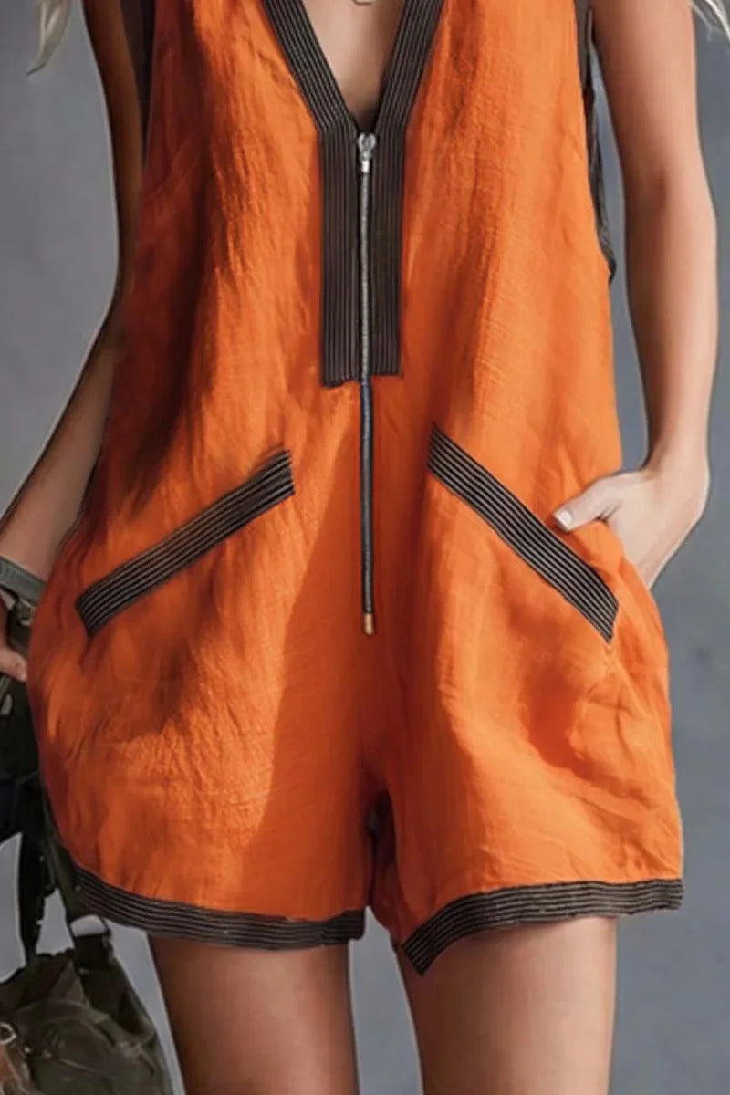 Vibrant Orange Short Jumpsuit – V-Neck Striped Trim Romper