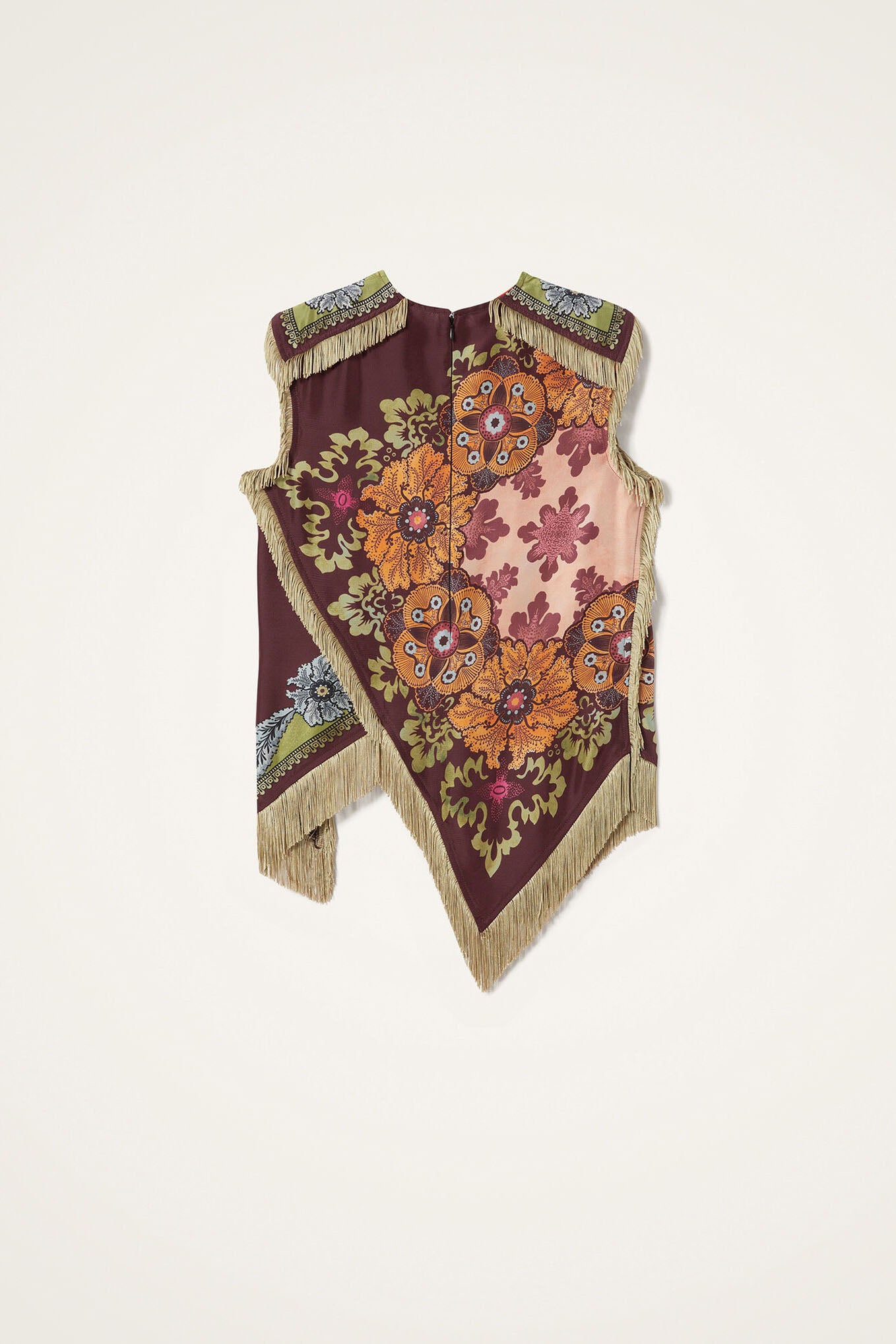 Bohemescht Blumme-Top mat Franselen an asymmetreschem Schnëtt