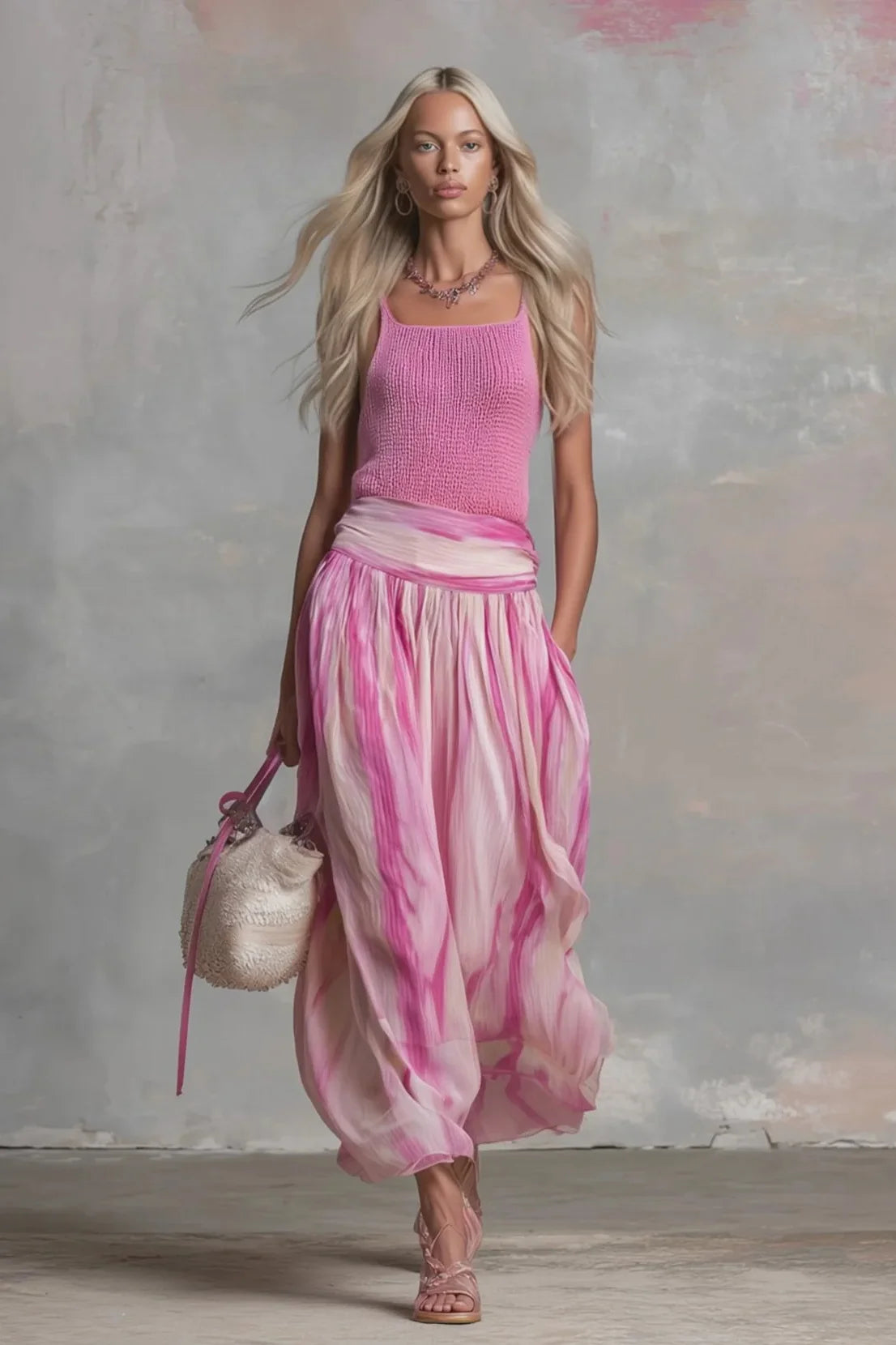 Set aus geripptem Stréck-Camisole a bedrécktem Chiffon-Midirock
