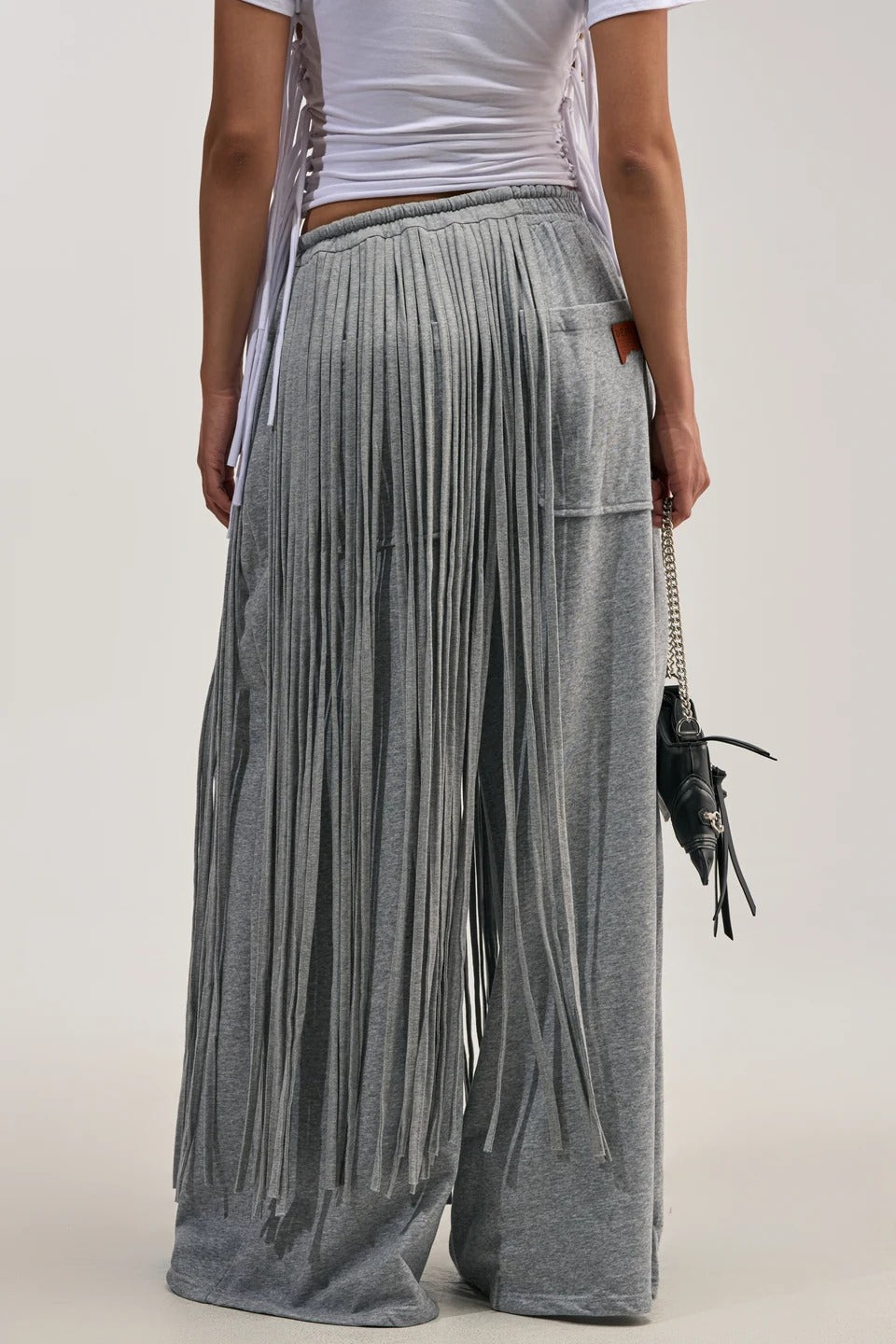 Grey Heavy Fringe Wide Leg Pants