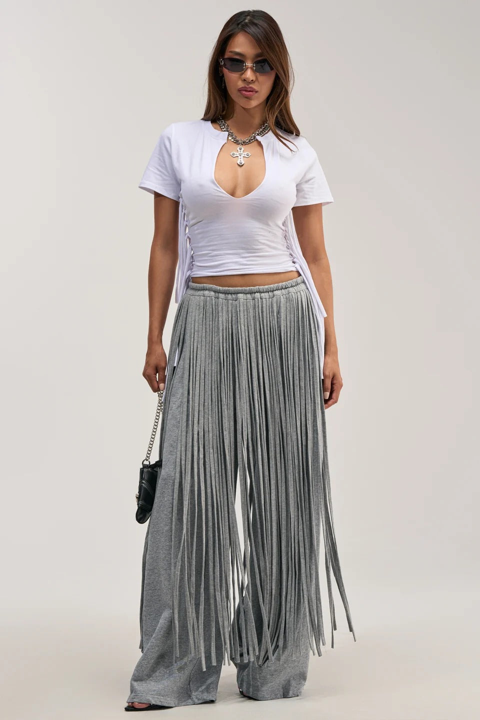 Grey Heavy Fringe Wide Leg Pants