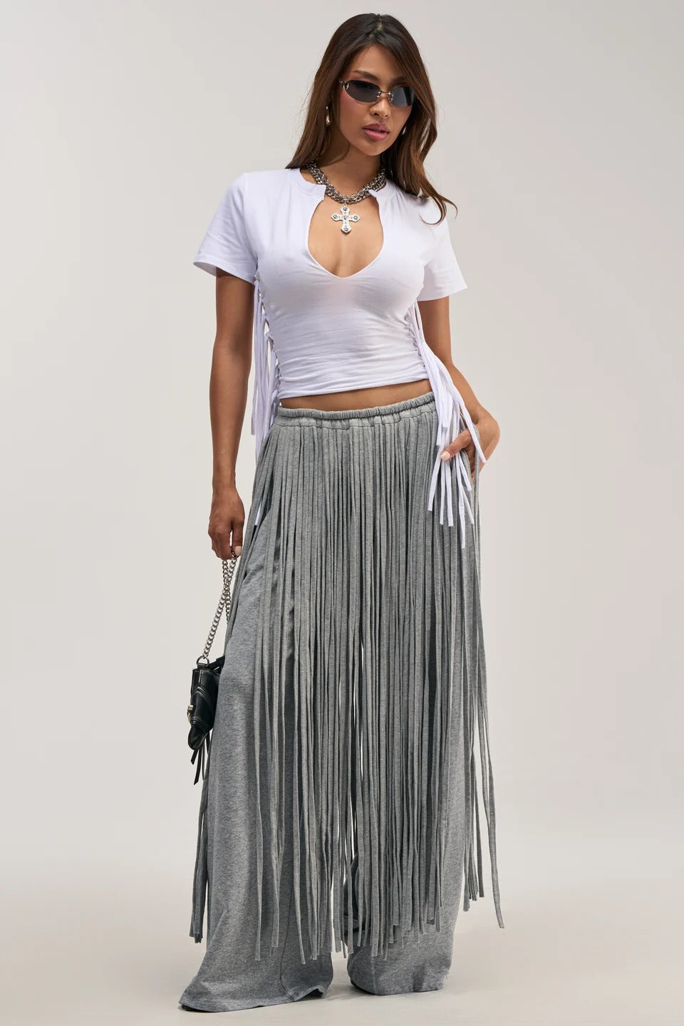 Grey Heavy Fringe Wide Leg Pants