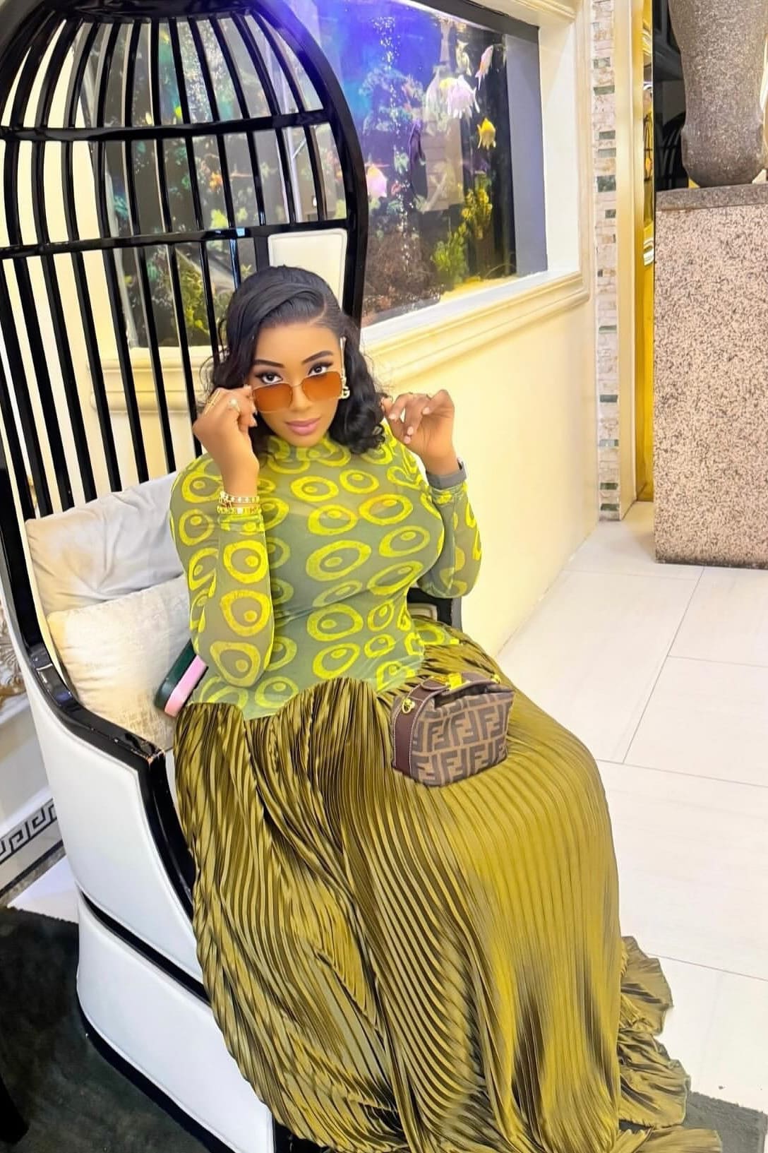 Mesh Panel Retro Pleated Maxi Dress