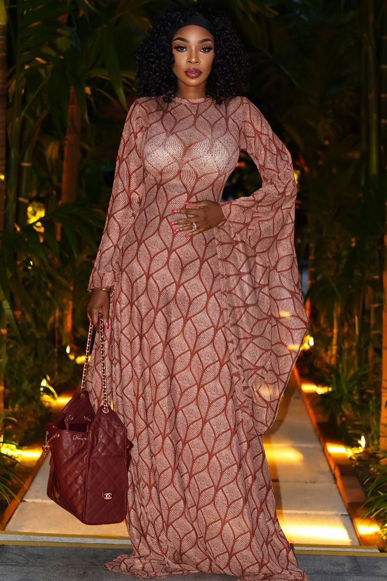 Mocha Rose Geometric Print Sheer Maxi Dress