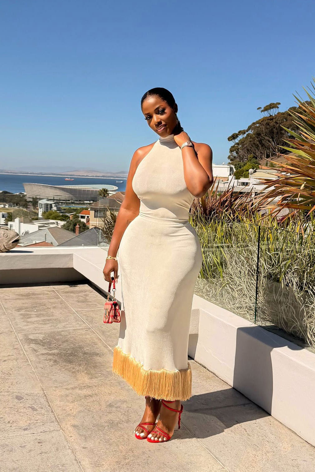 Santorini White Tassel Halter Maxi Dress