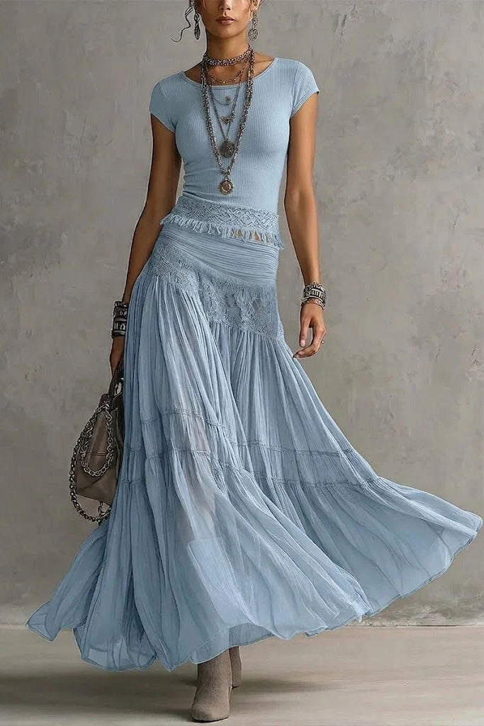 Casual Bohemian Short-sleeve T-shirt And Skirt Two-piece Set