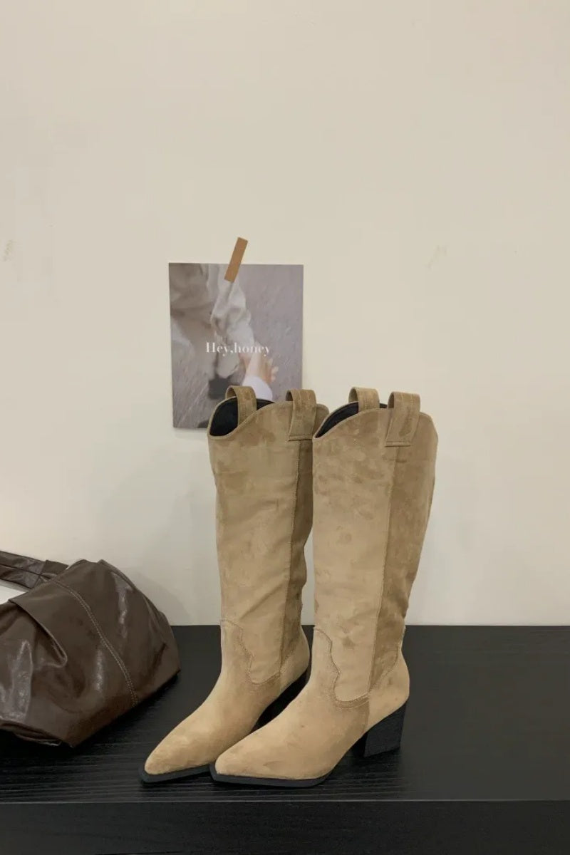 V-Neck Chunky-Heeled High-Top Knight Boots