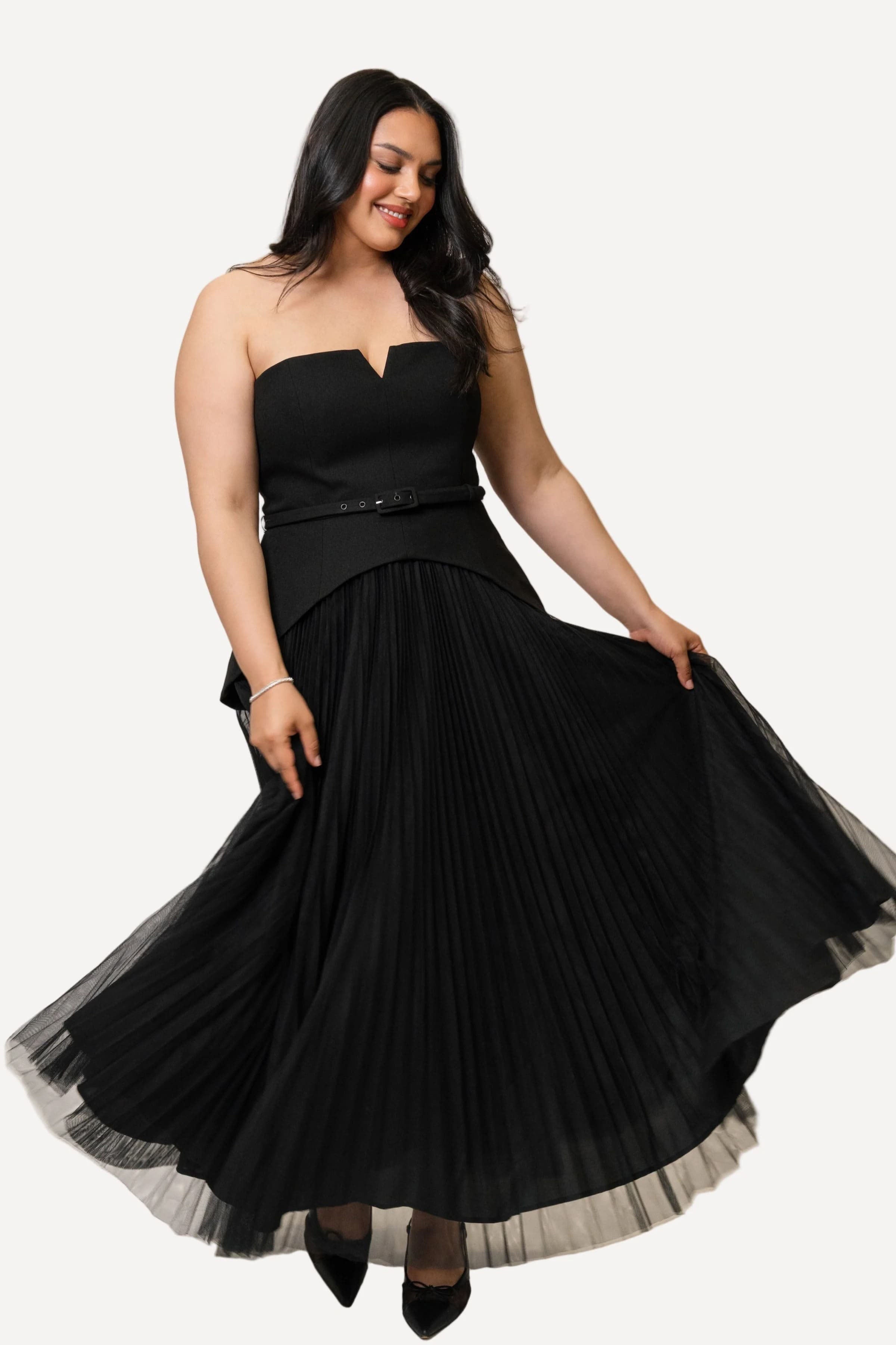 Classic Strapless Mixed Fabric Maxi Dress