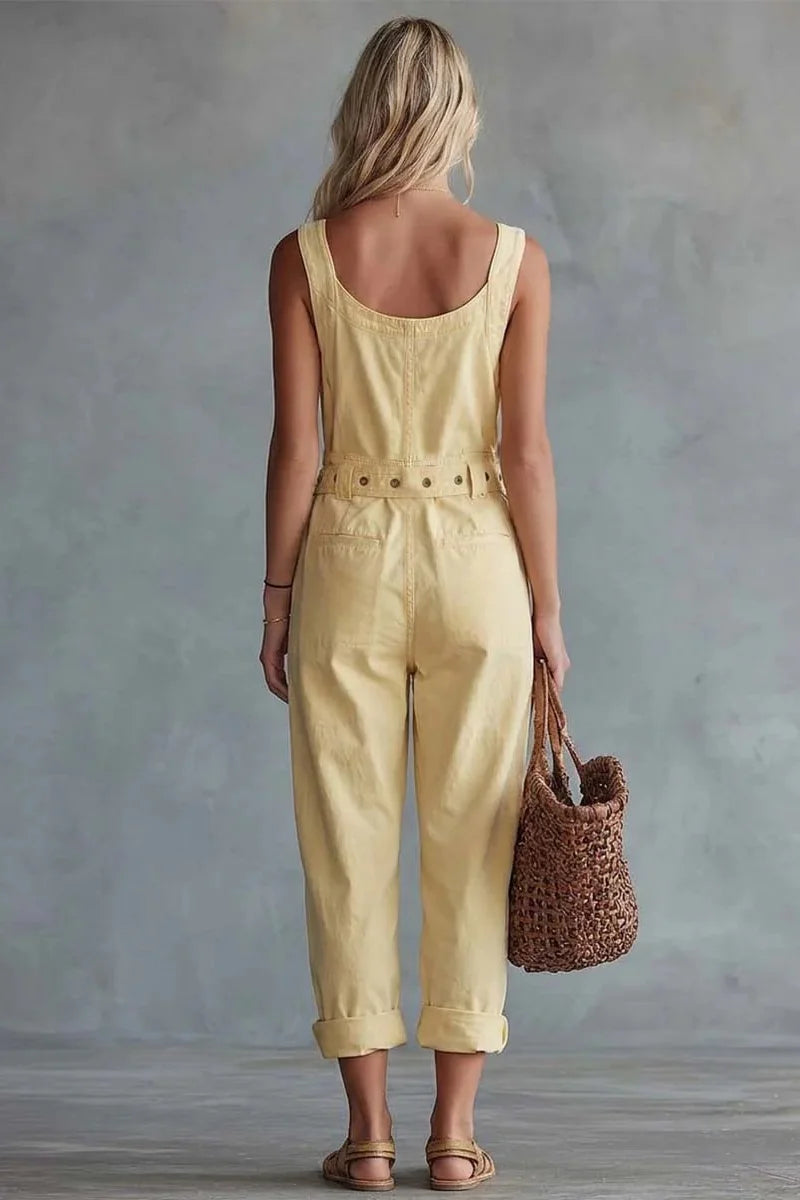 Açık Sarı Yıkamalı Denim Tulum – Kare Yaka Retro Şıklık