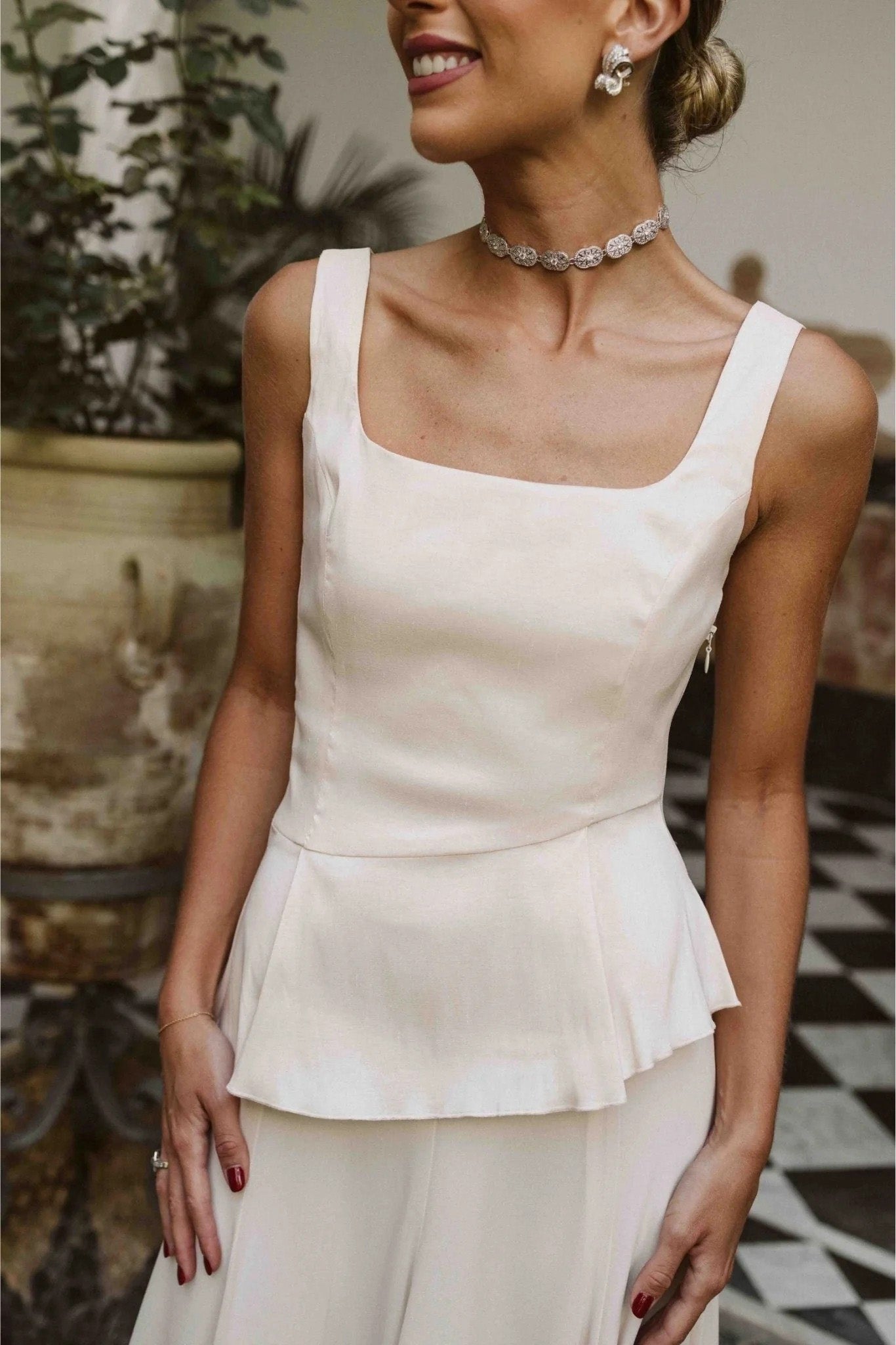 Ärmellos Halter Taillebetountes Spëtze-Jupe Set