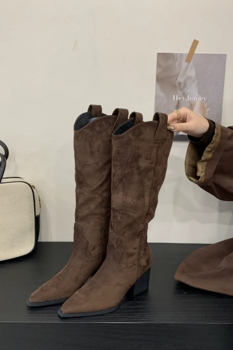 V-Neck Chunky-Heeled High-Top Knight Boots