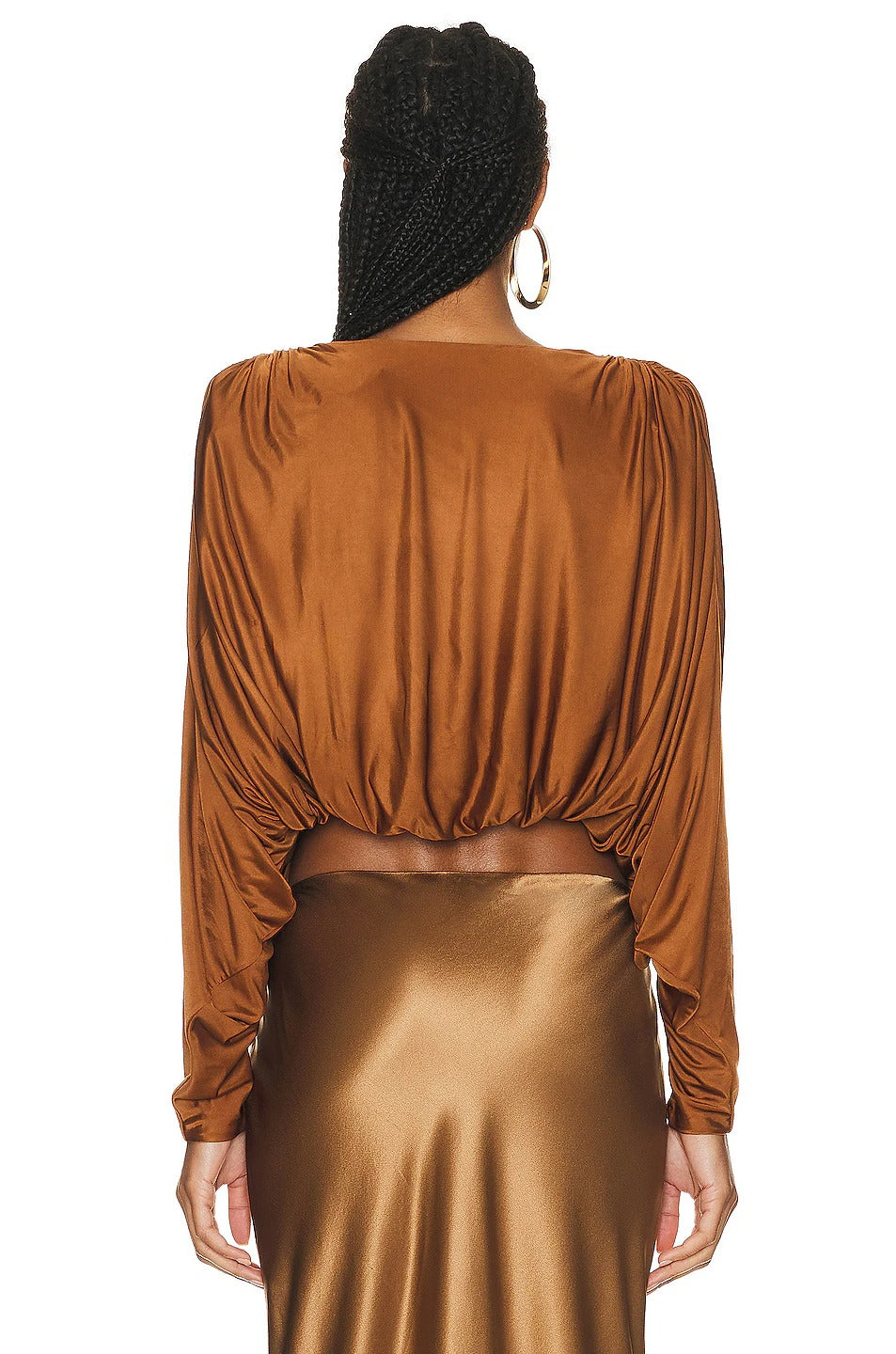 Brong Satin Gedréint Gedréckt Bauchfräi Top