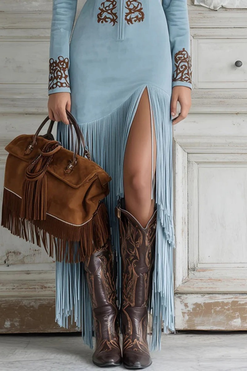 Western Half-Zip Embroidered Faux Suede Fringe Maxi Dress