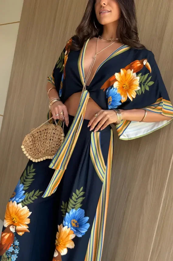Navy Floral Parrot Print Pants Set