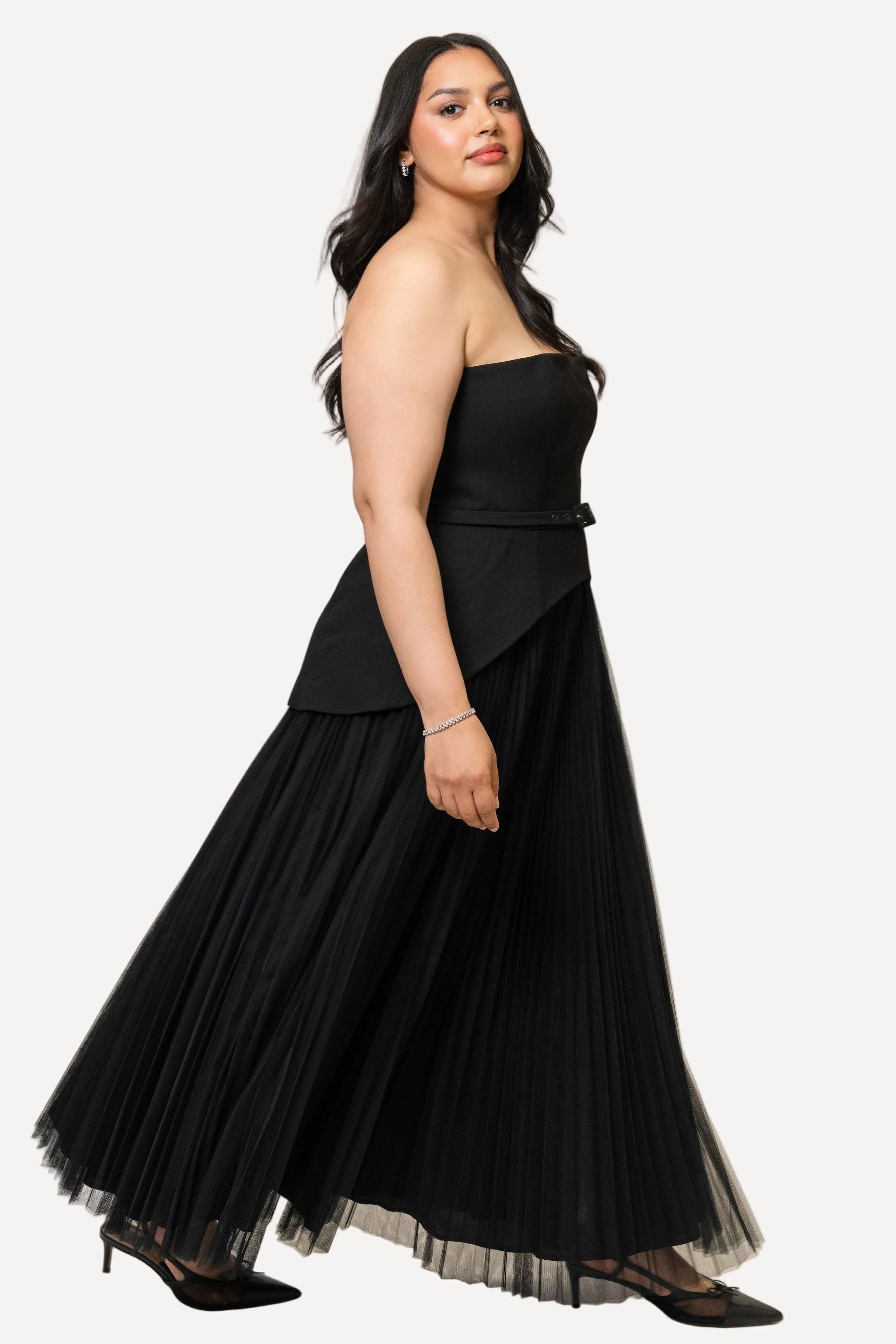 Classic Strapless Mixed Fabric Maxi Dress