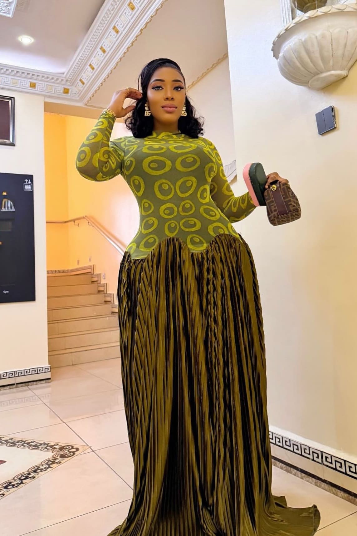 Mesh Panel Retro Pleated Maxi Dress