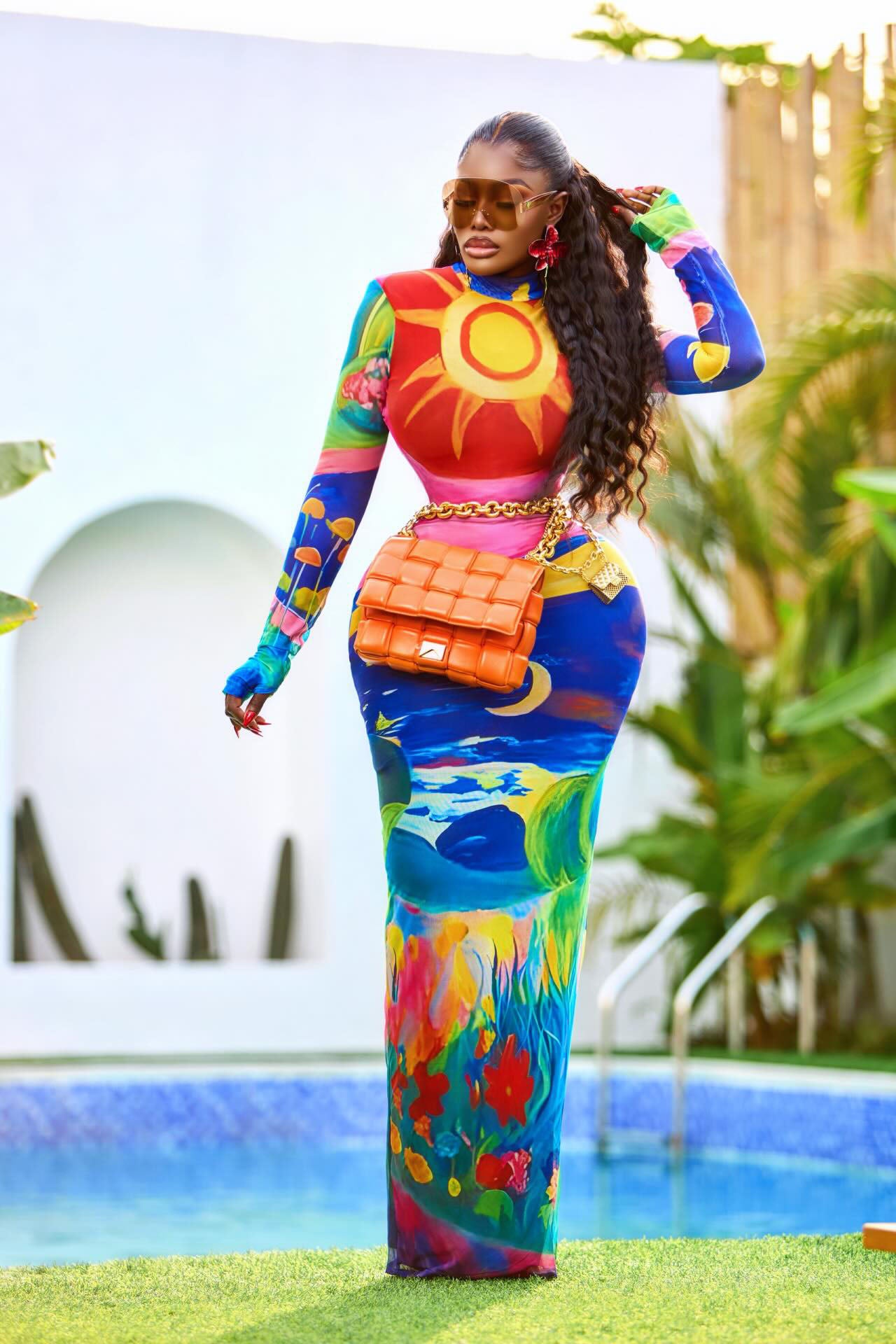 Rainbow Art Sun Moon Mesh Maxi Dress