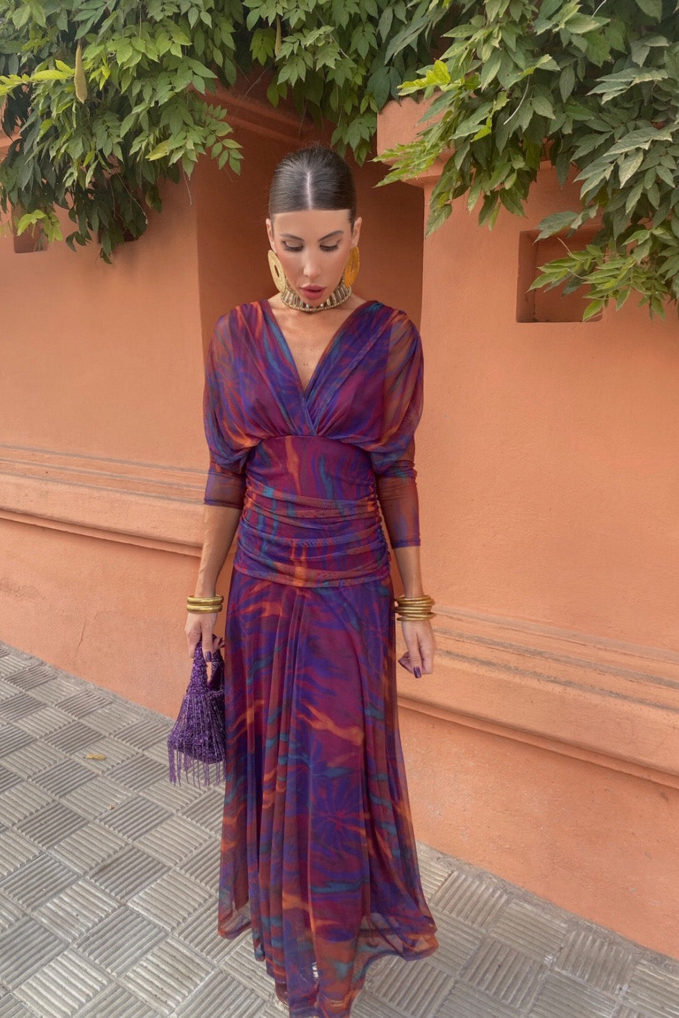 Purple Haze Printed Mesh Ruched Maxi Dress