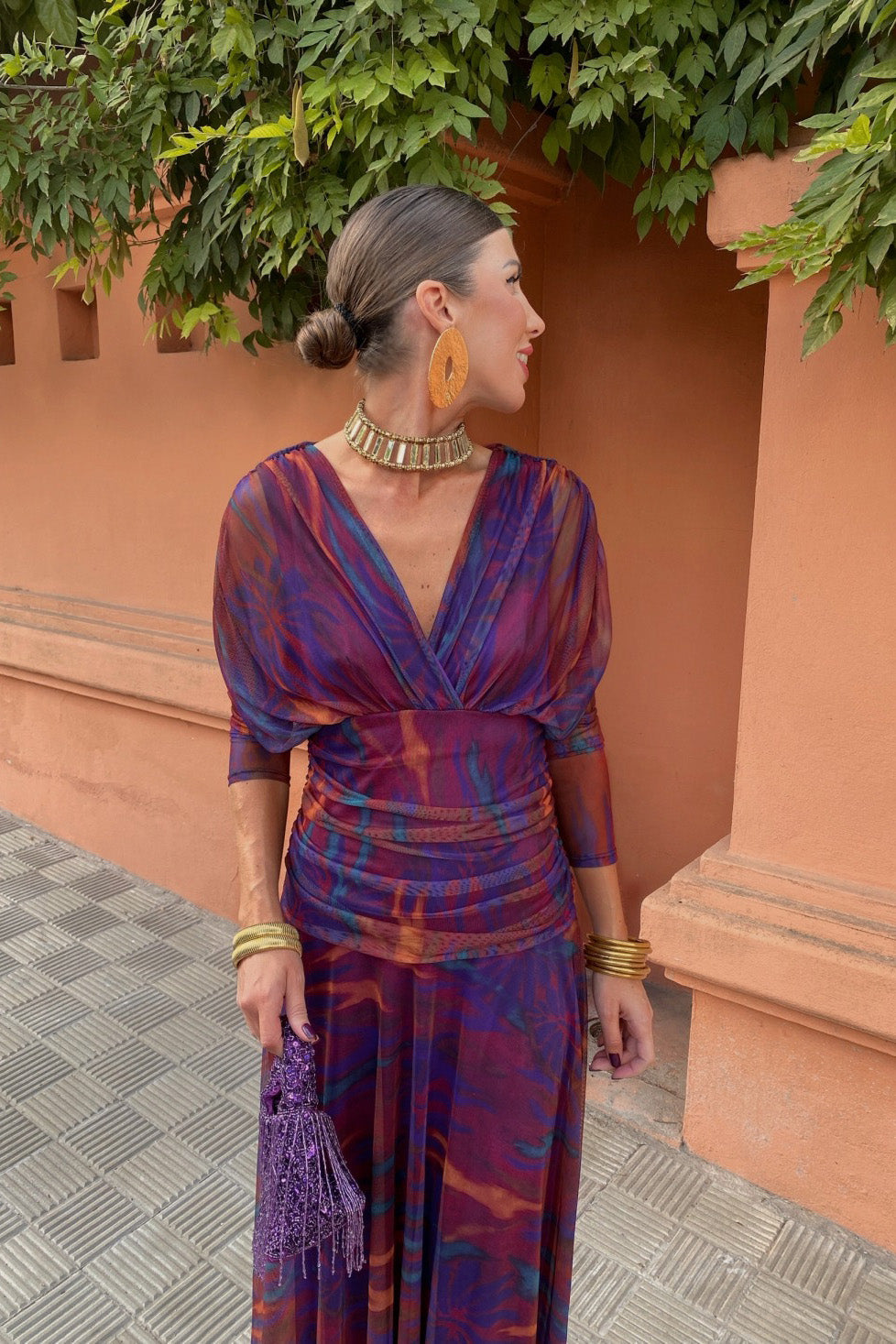 Purple Haze Printed Mesh Ruched Maxi Dress