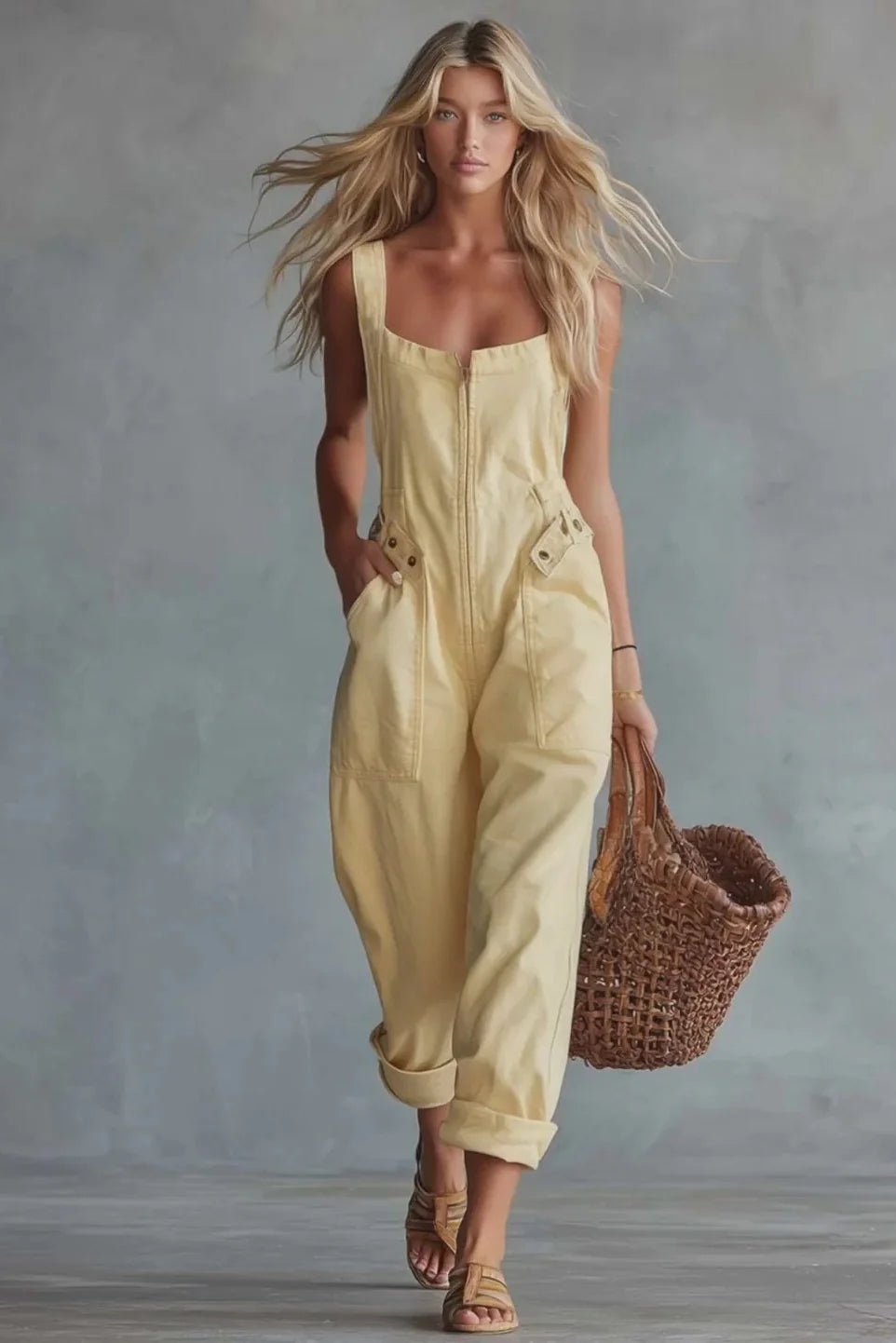 Hellgiel gewäschten Denim-Jumpsuit – Quadrat-Hals Retro-Chic