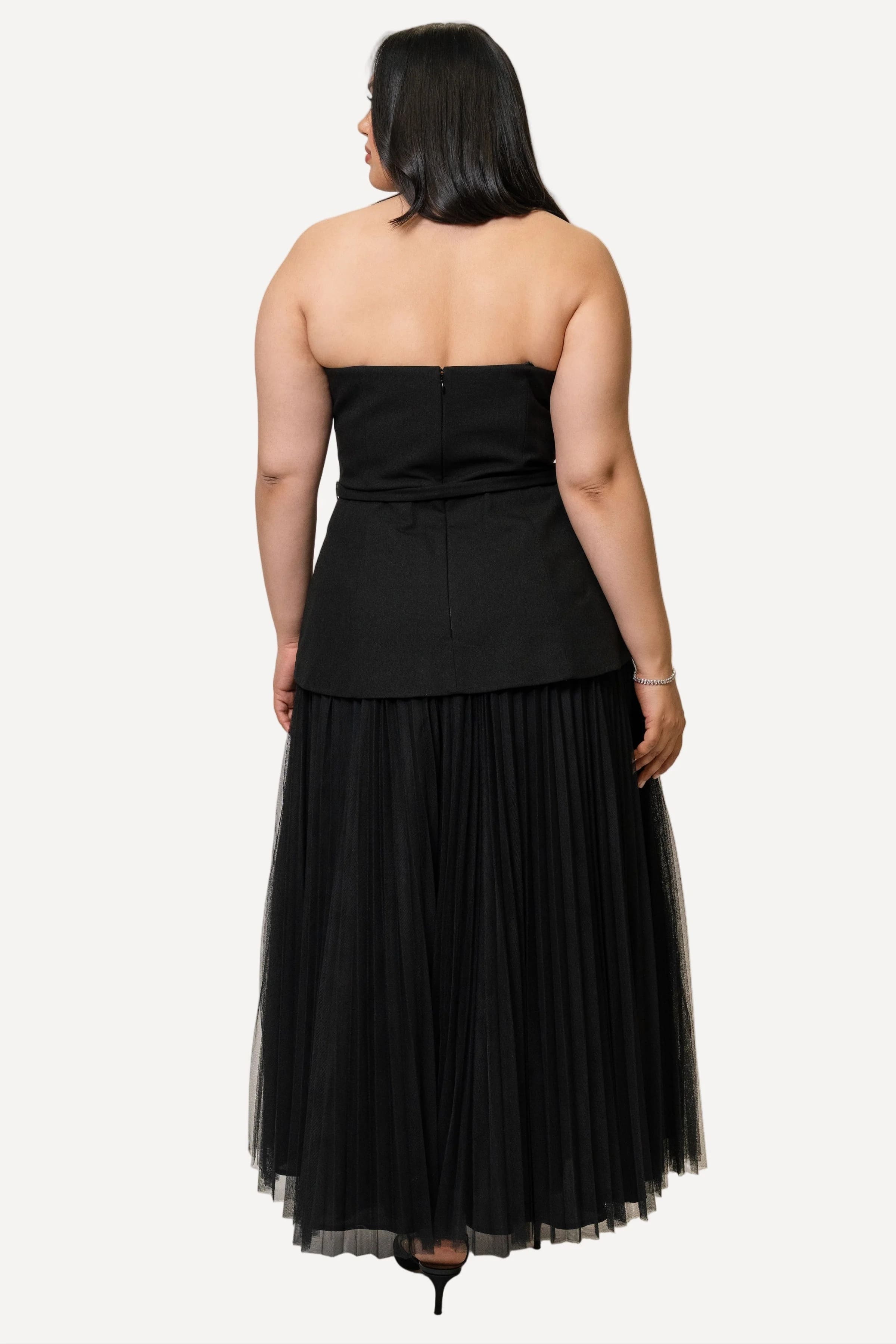Classic Strapless Mixed Fabric Maxi Dress