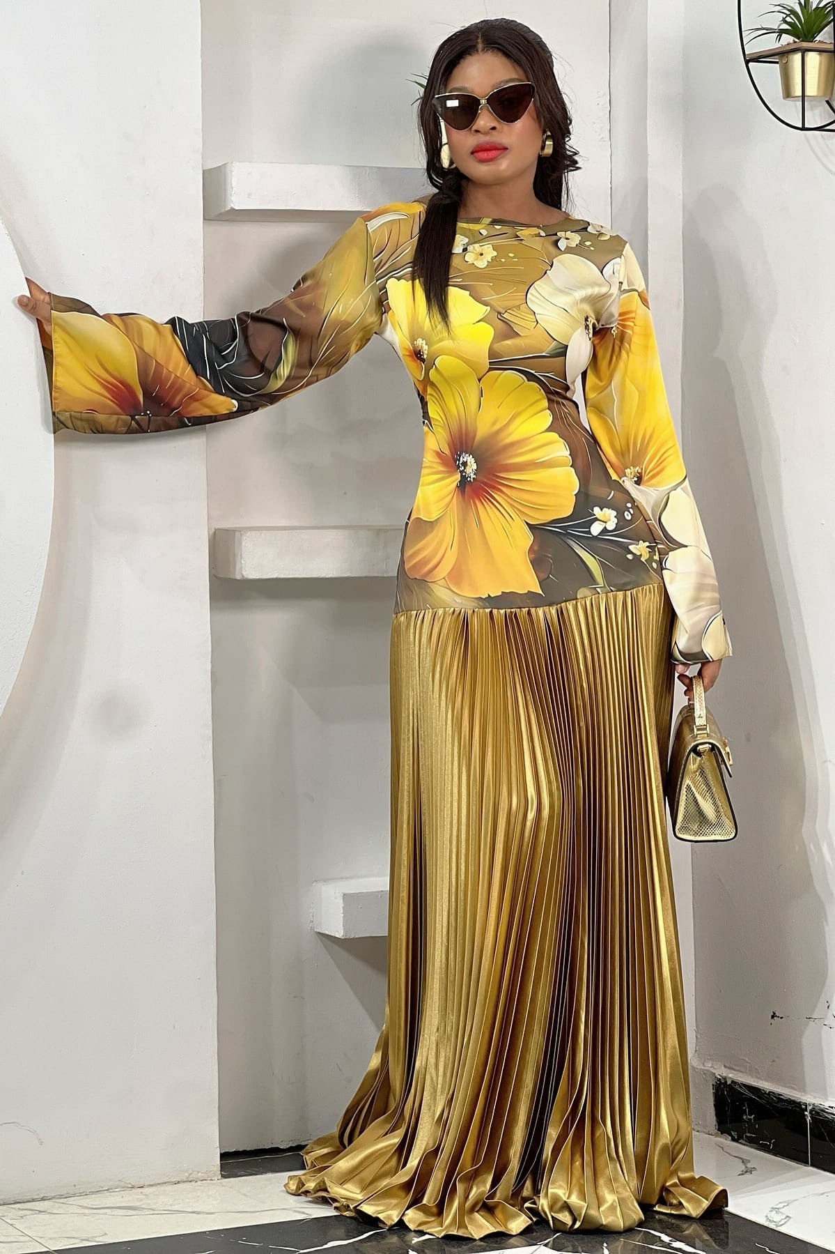 Sunflower Gold Pleated Maxi Dress