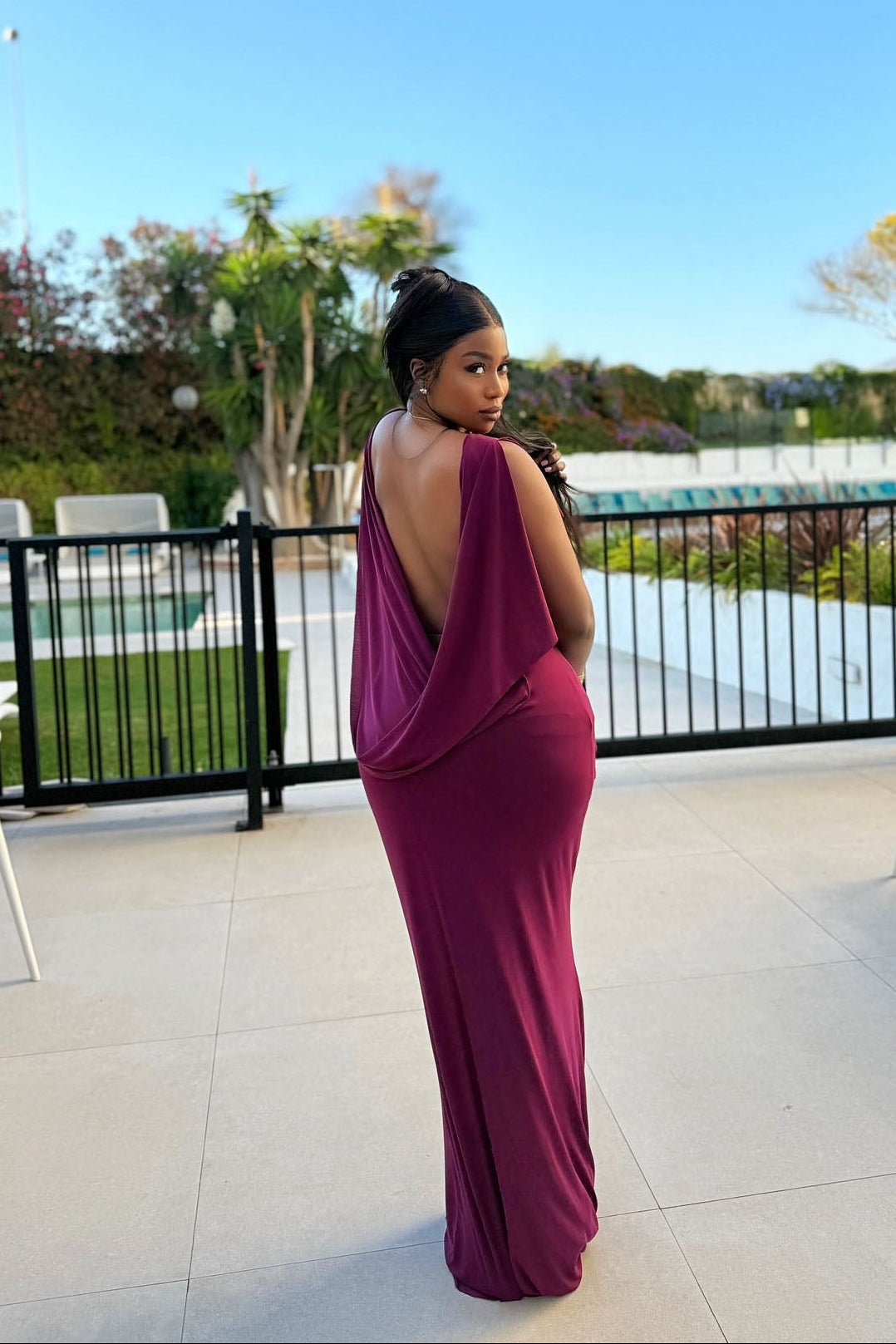 Plum Ultra Low Back Ruched Maxi Dress