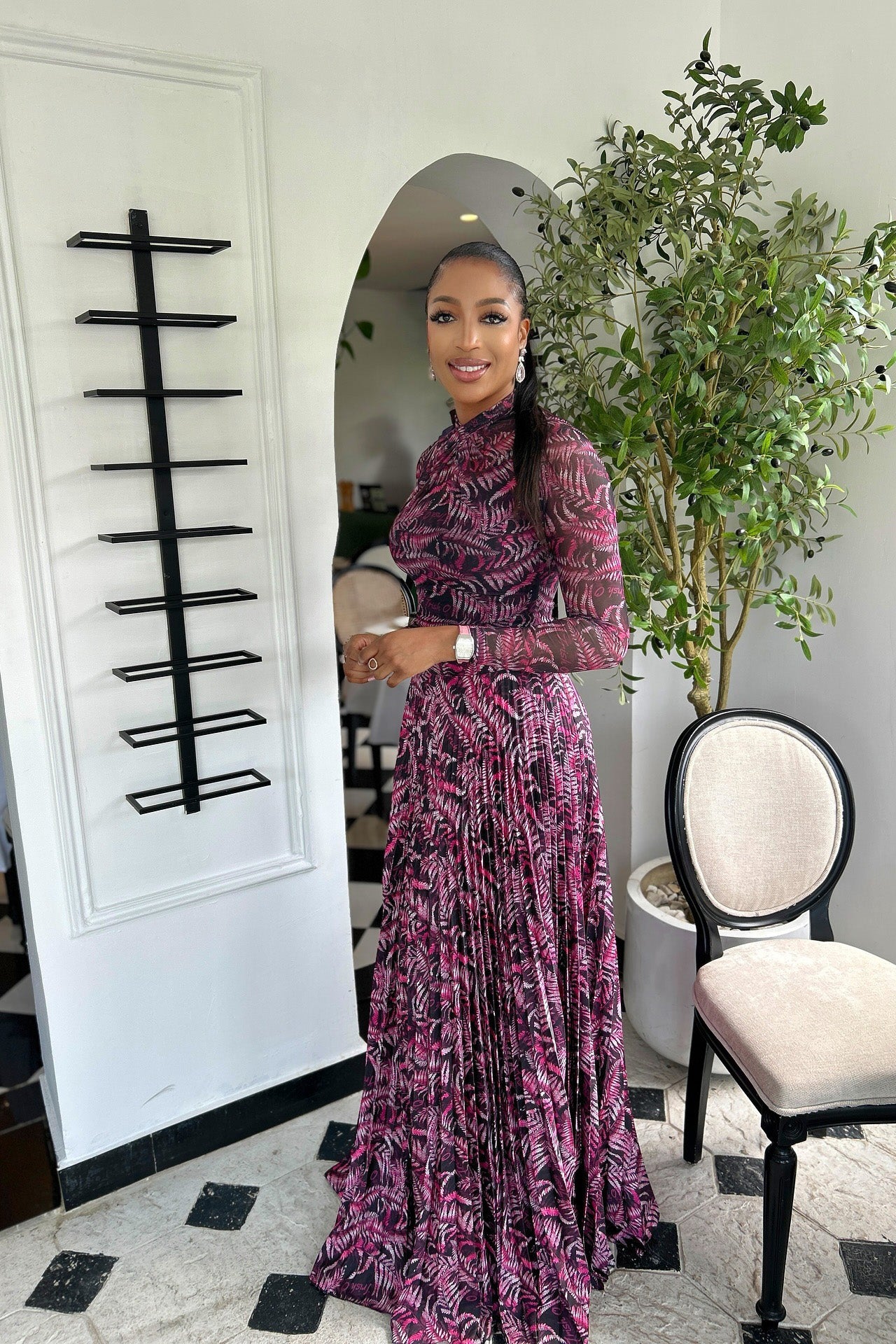 Tropical Print Mesh Maxi Dress