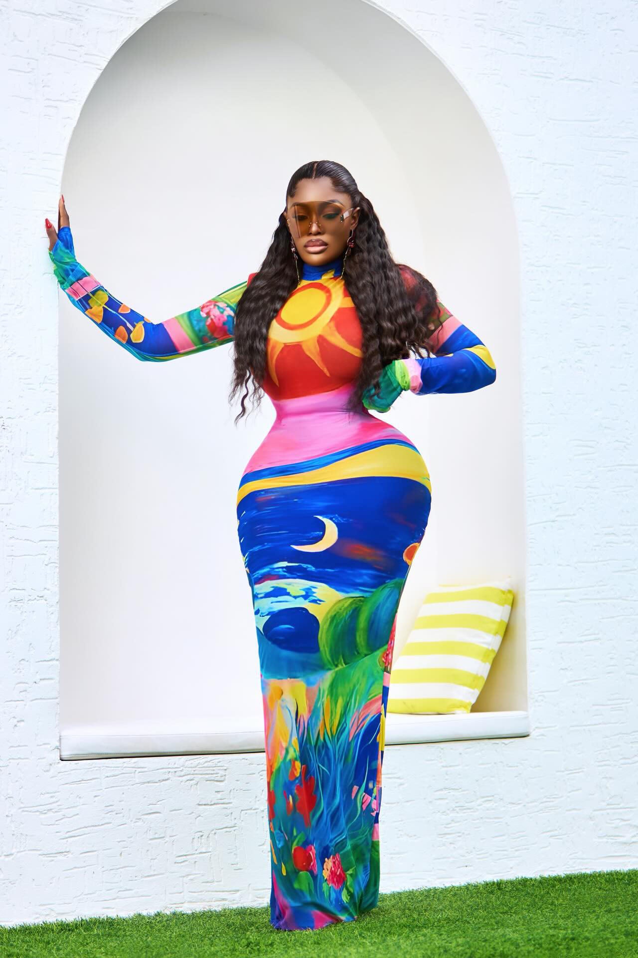 Rainbow Art Sun Moon Mesh Maxi Dress