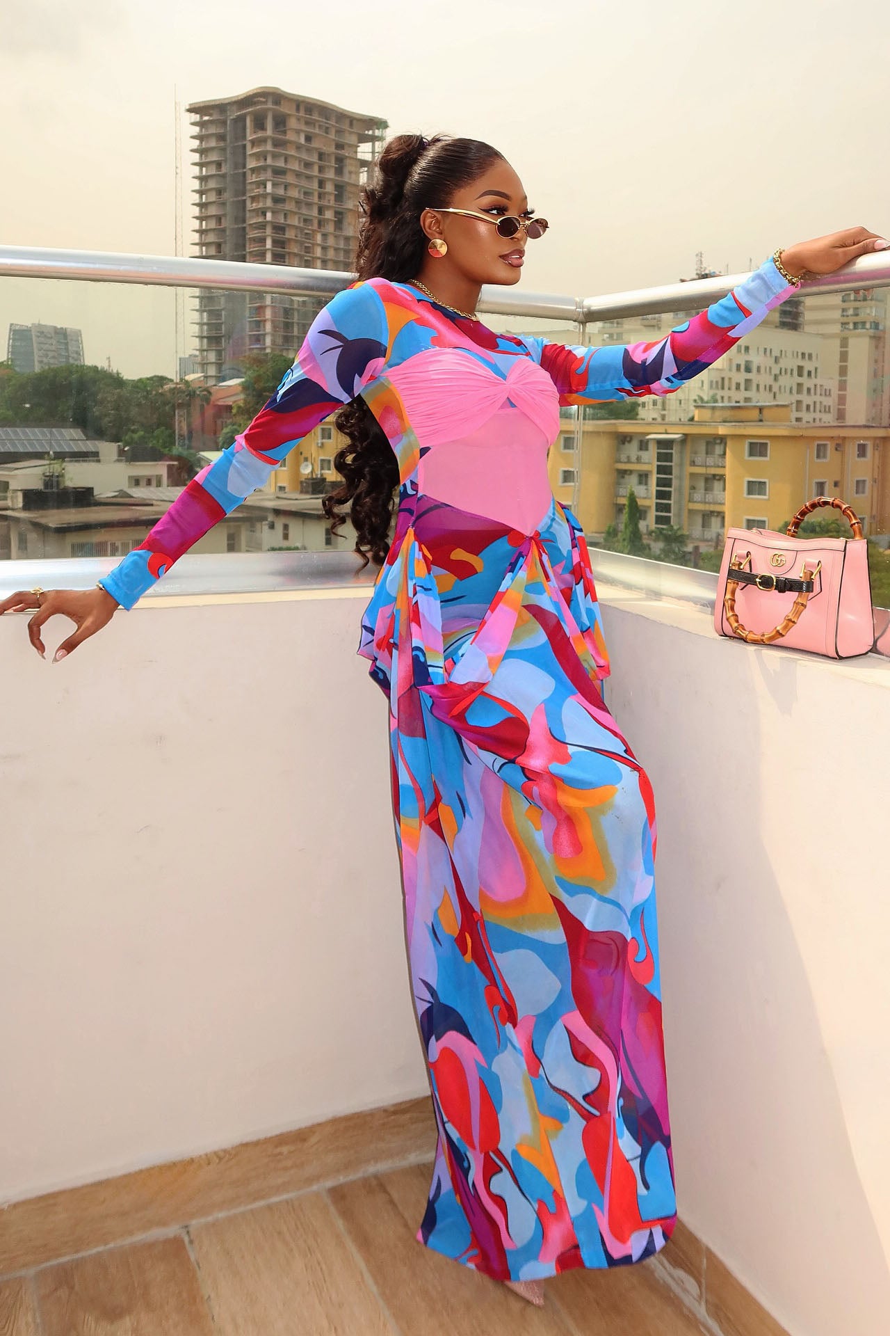 Multicolor Abstract Mesh Maxi Dress