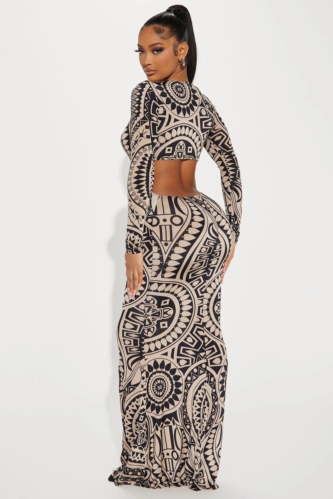 Monochrome Totem Mermaid Maxi Dress