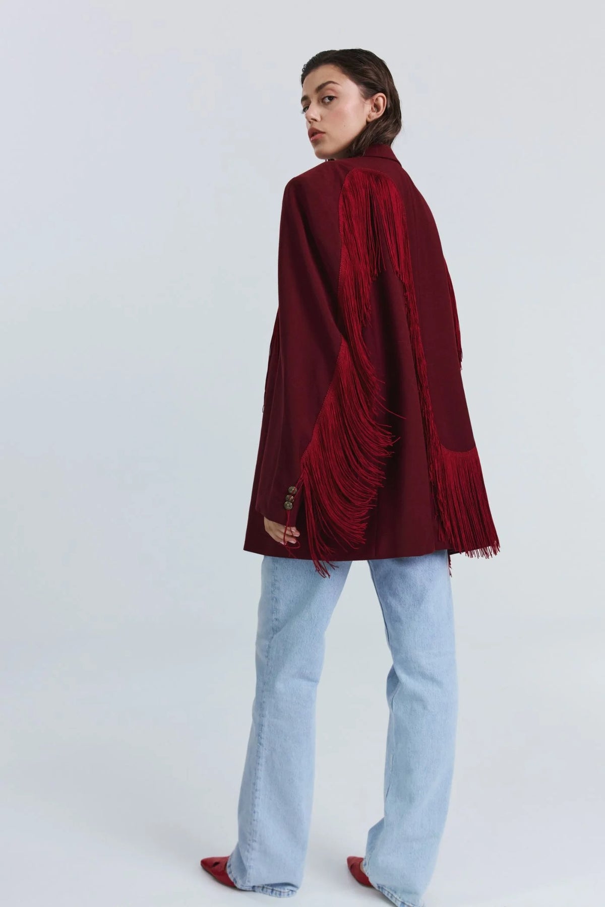 Burgundy Fringe Heart Blazer Jacket