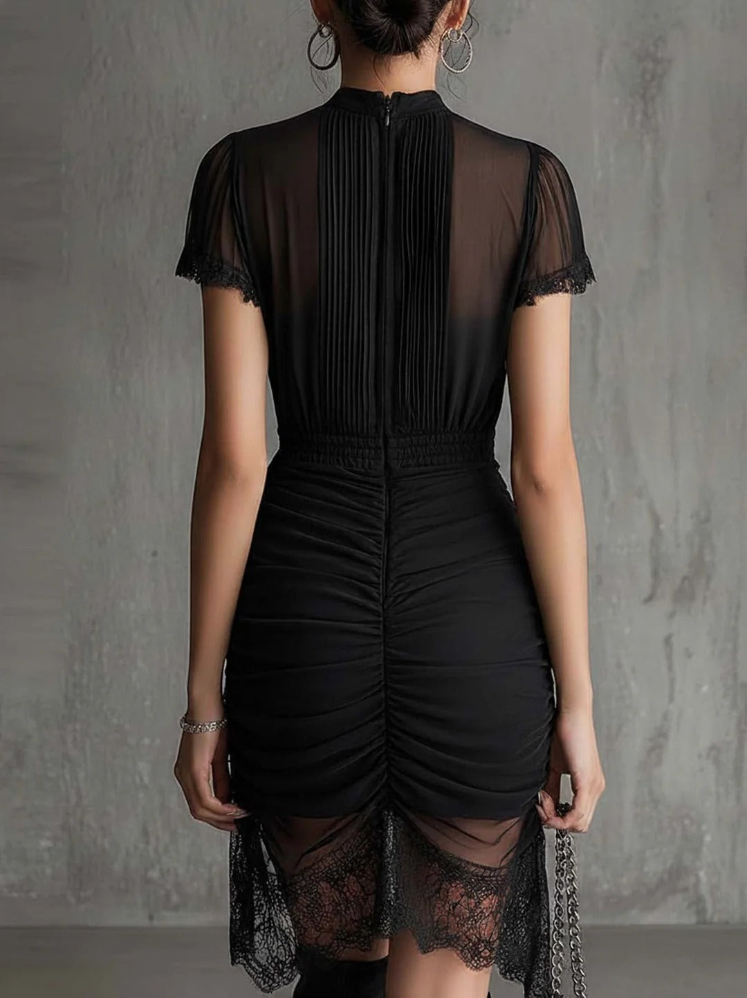 Vestido Curto de Manga Larga com Estampa de Mármore Cinzento Preto