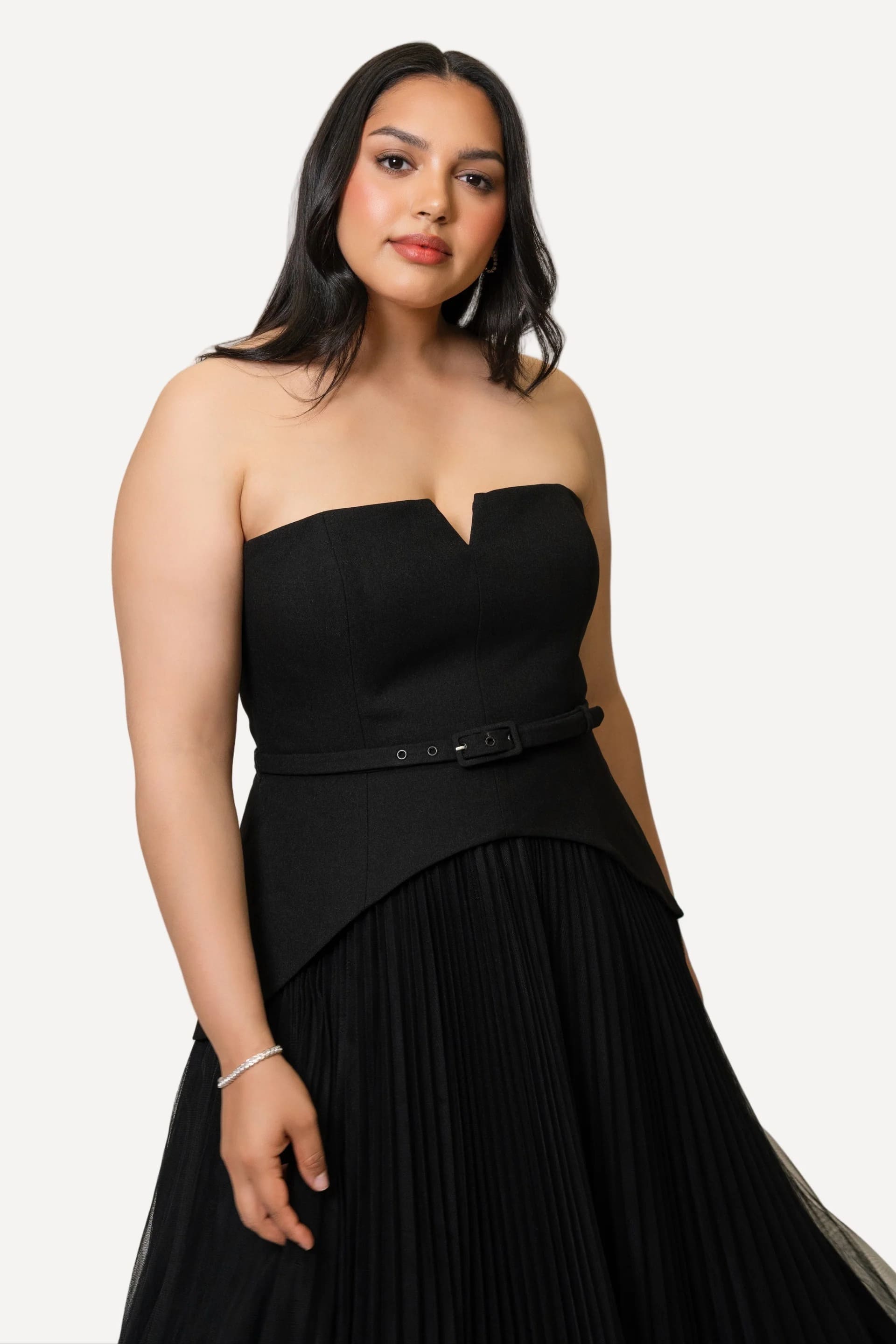 Classic Strapless Mixed Fabric Maxi Dress