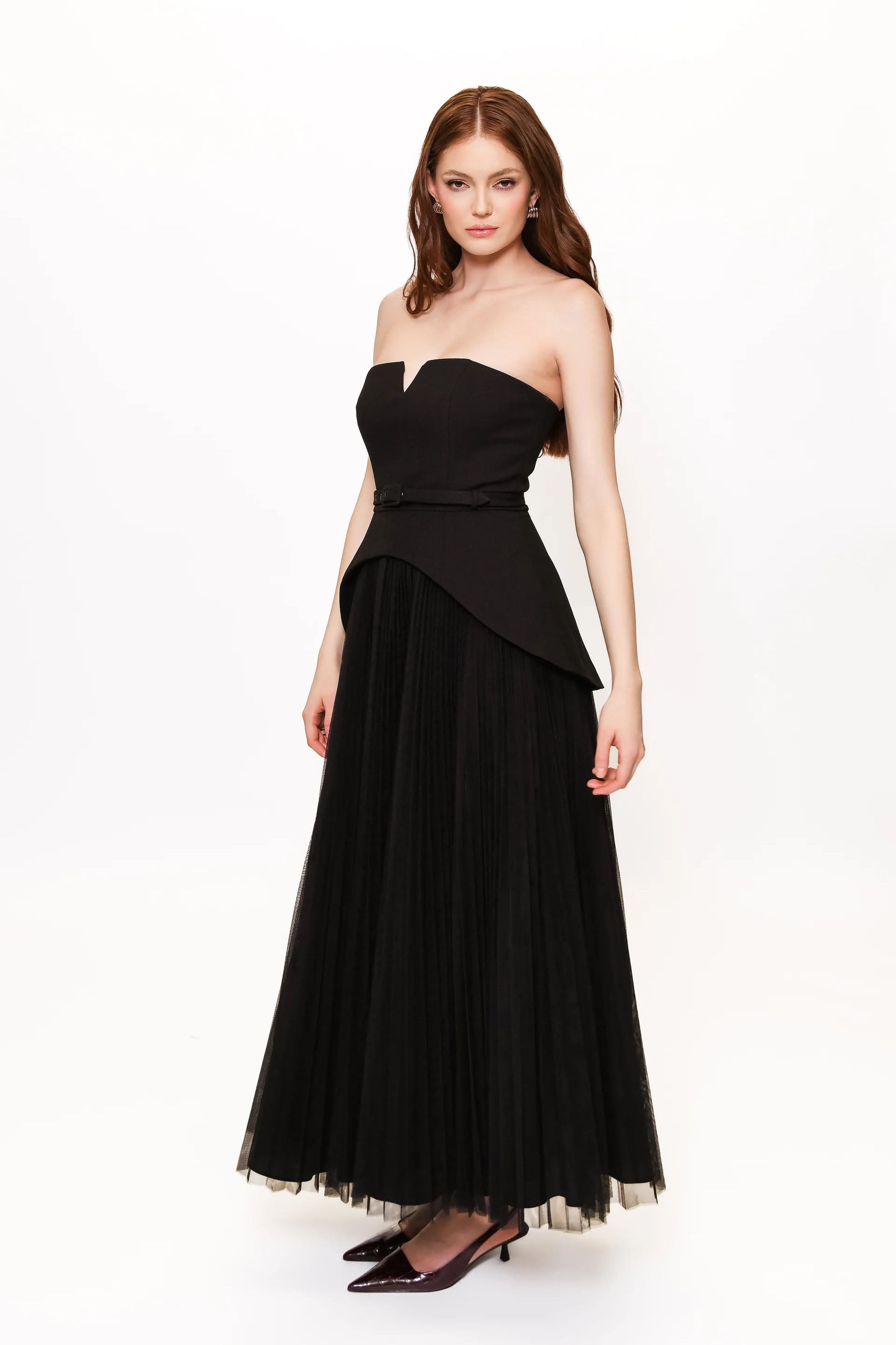 Classic Strapless Mixed Fabric Maxi Dress