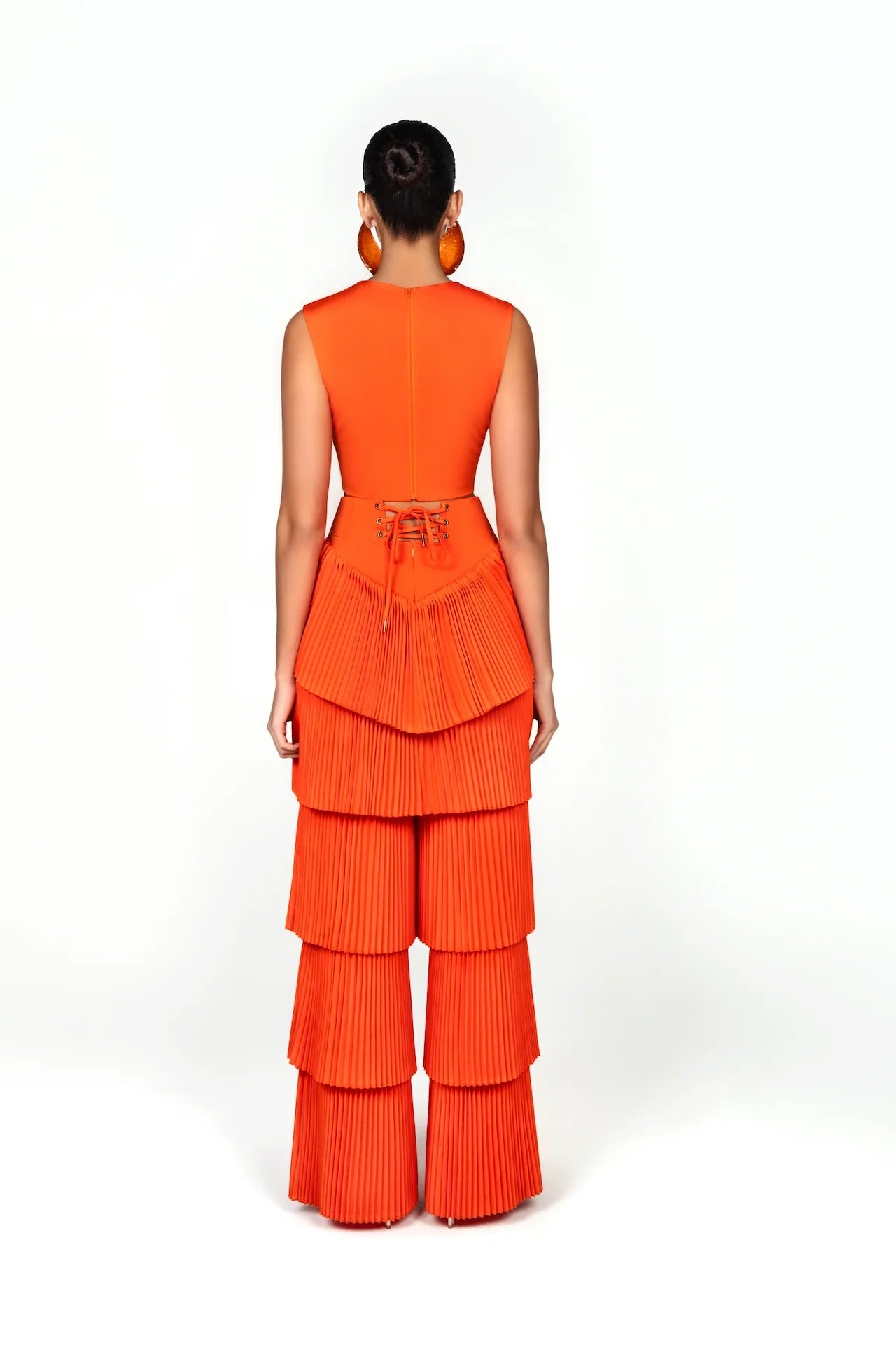 Vibrant Orange Pleated Crop & Tiered Flare Set