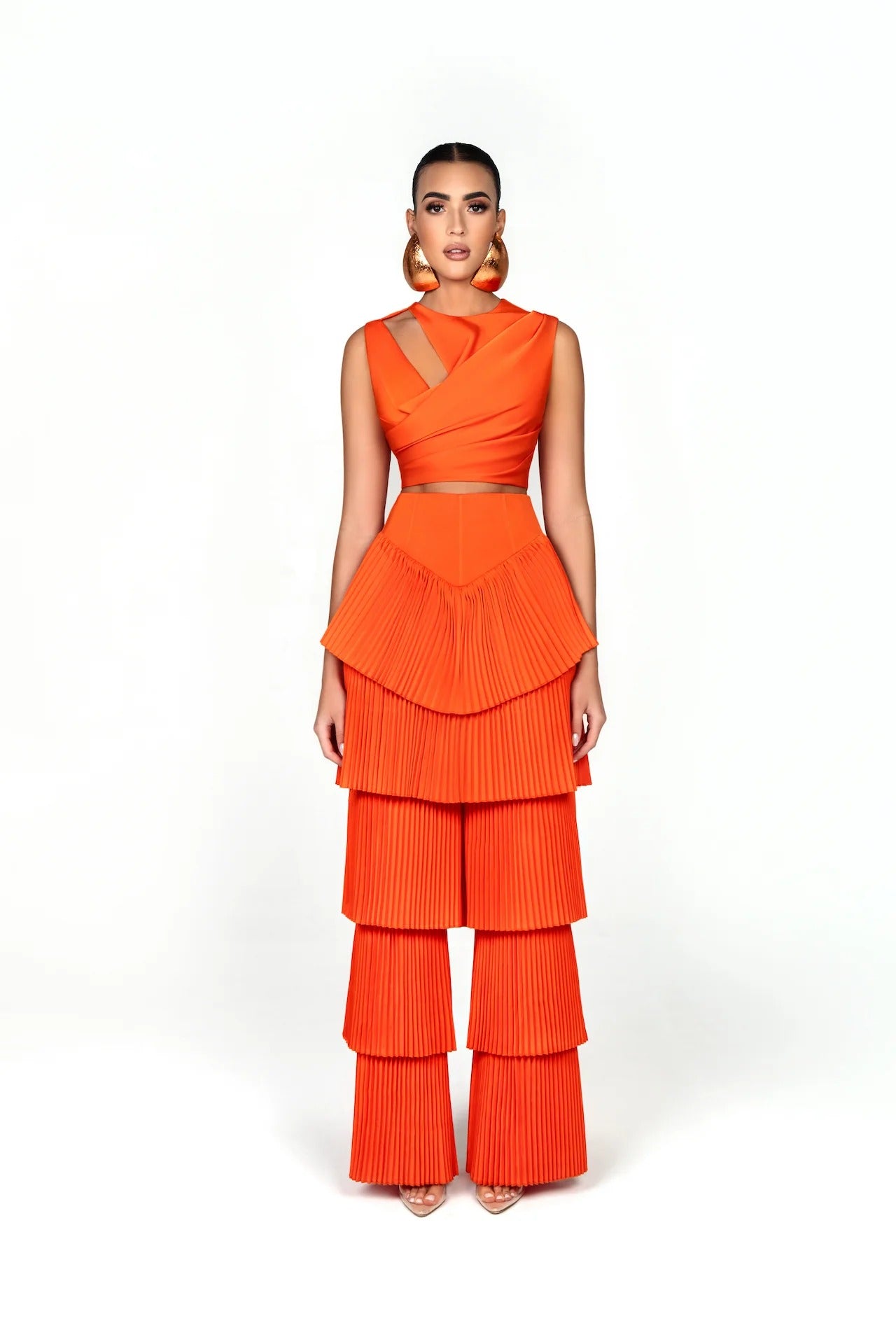 Vibrant Orange Pleated Crop & Tiered Flare Set