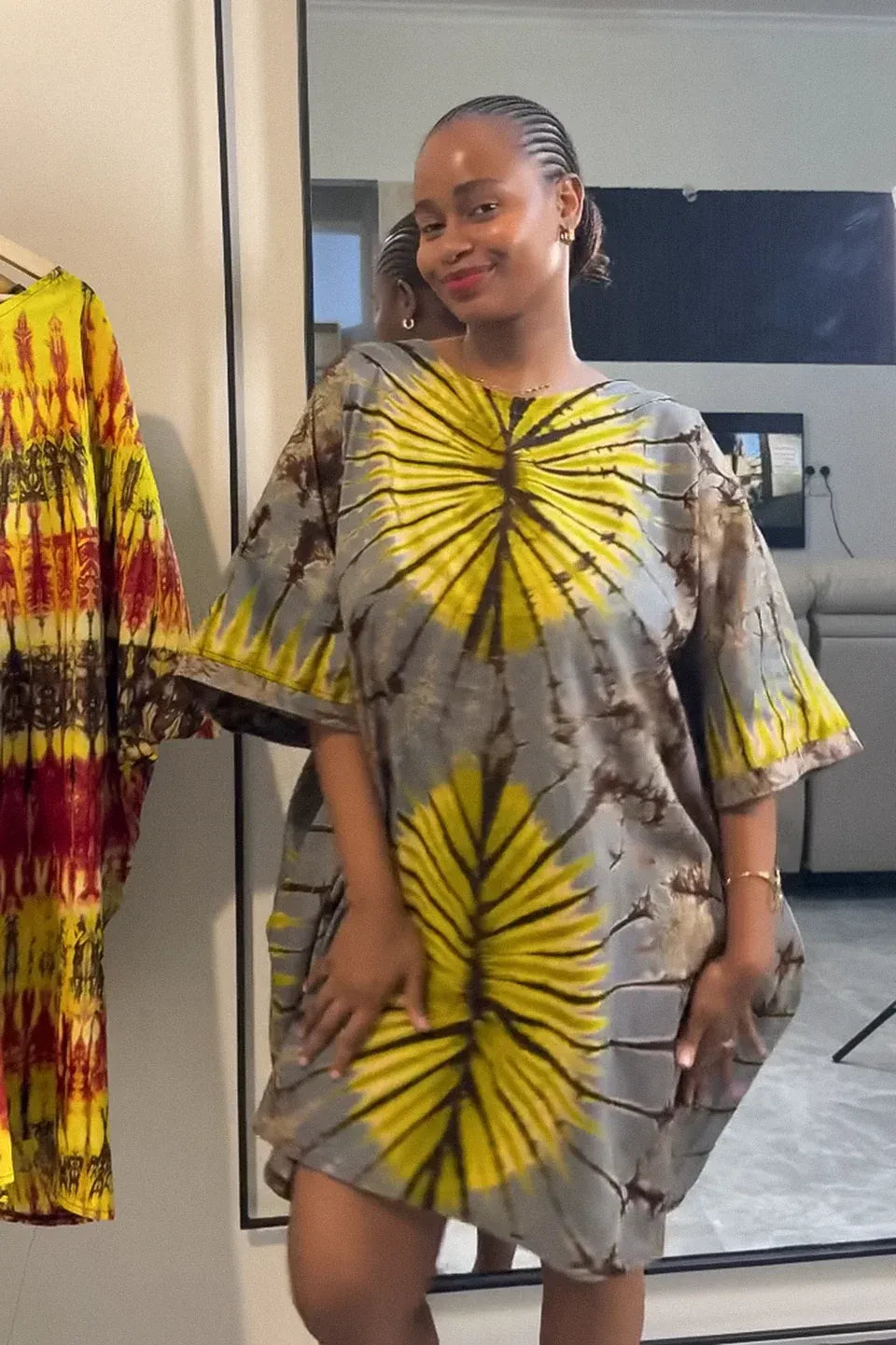 Soyut Bağlamalı Kaftan Mini Elbise